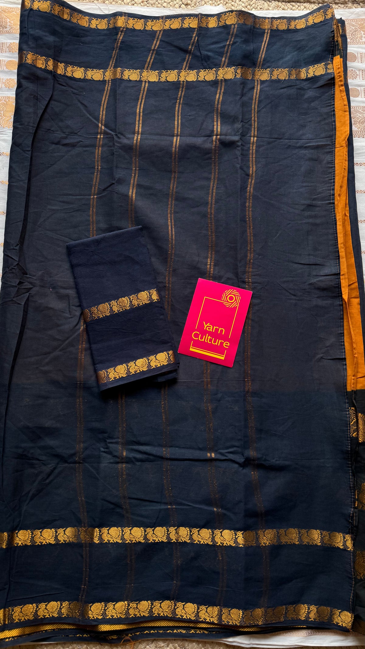 Black with turmeric yellow, cotton half and half saree - YCCOTNIDOC139