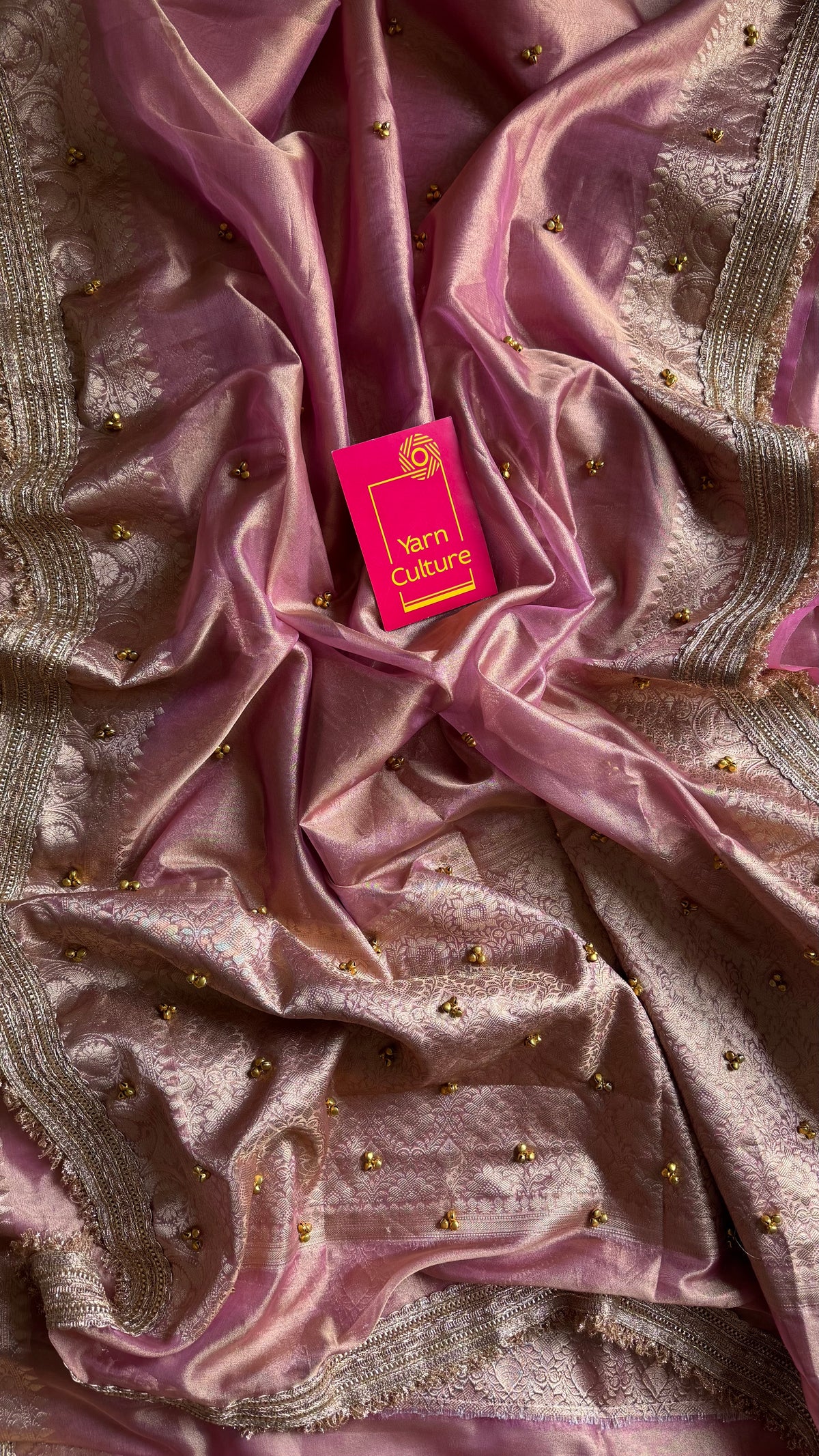 Pink gold tissue Banarasi saree with ghungroo embellishments and zari border - YCBLTOC71