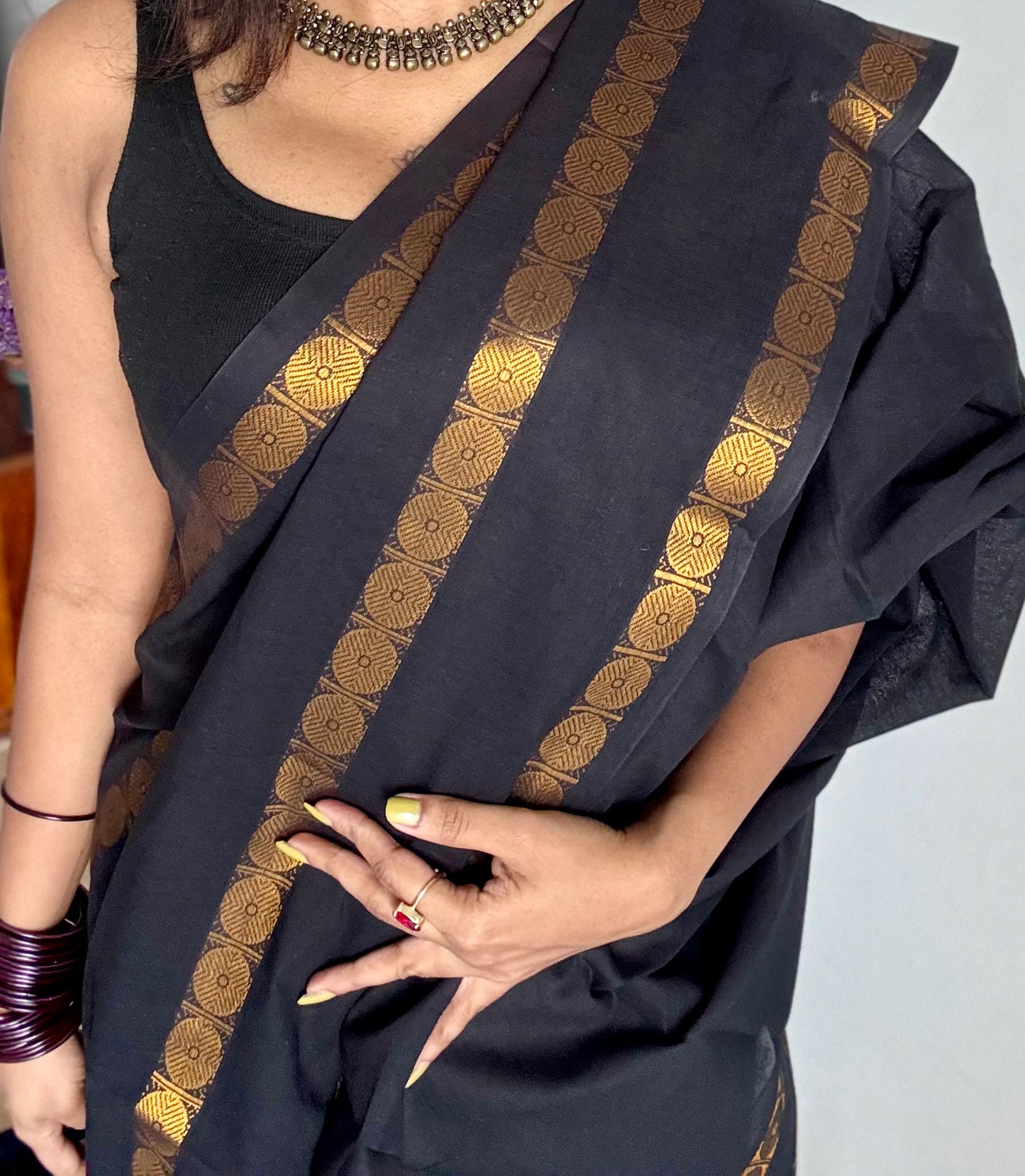Black with round motif gap border, kattuchayam dyed madurai cotton saree - YCCOTNMSFE113