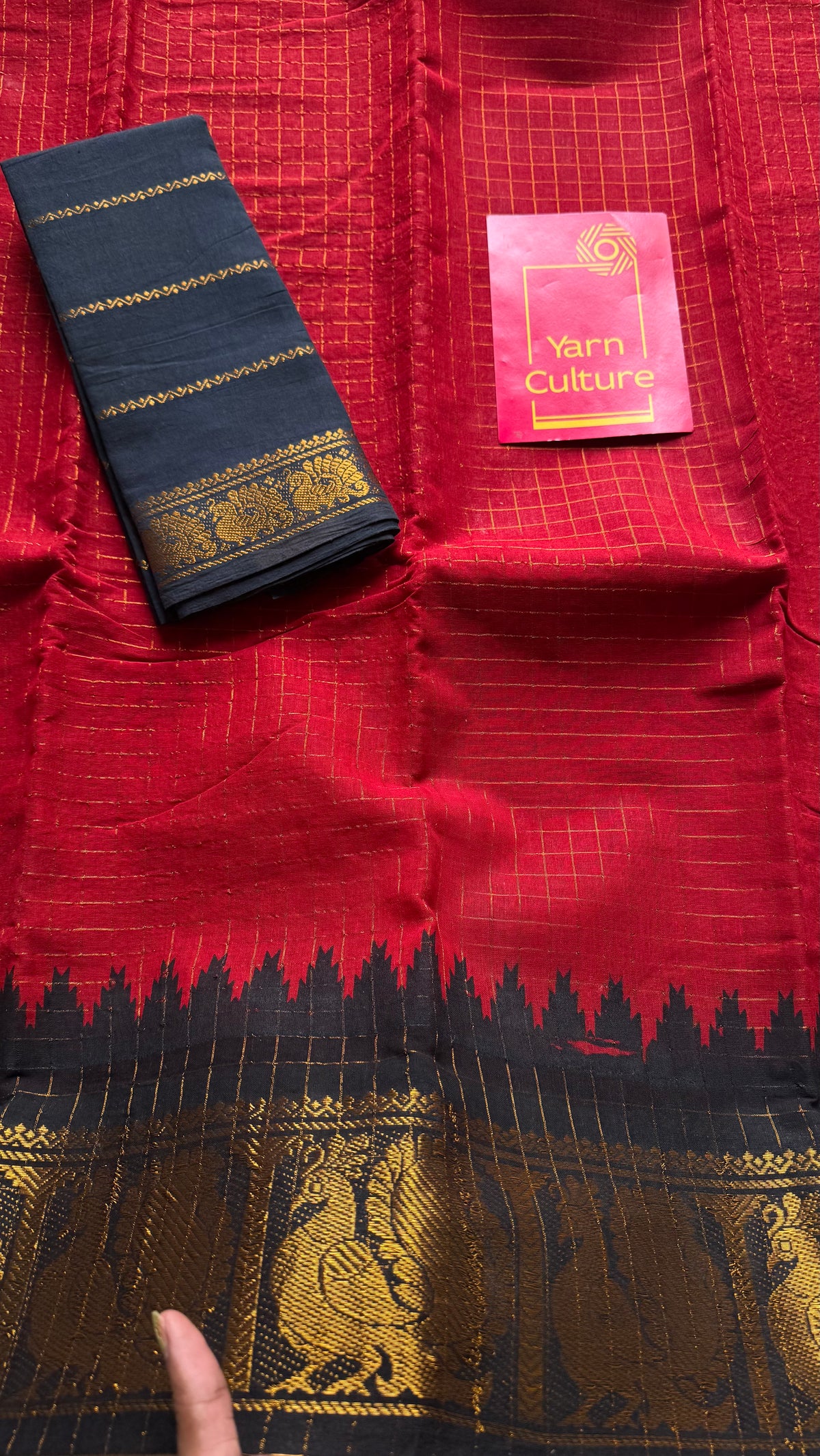 Sungudi cotton checks, red base, orange and black dual tone border, soft cotton - YCCOTNMSSE11