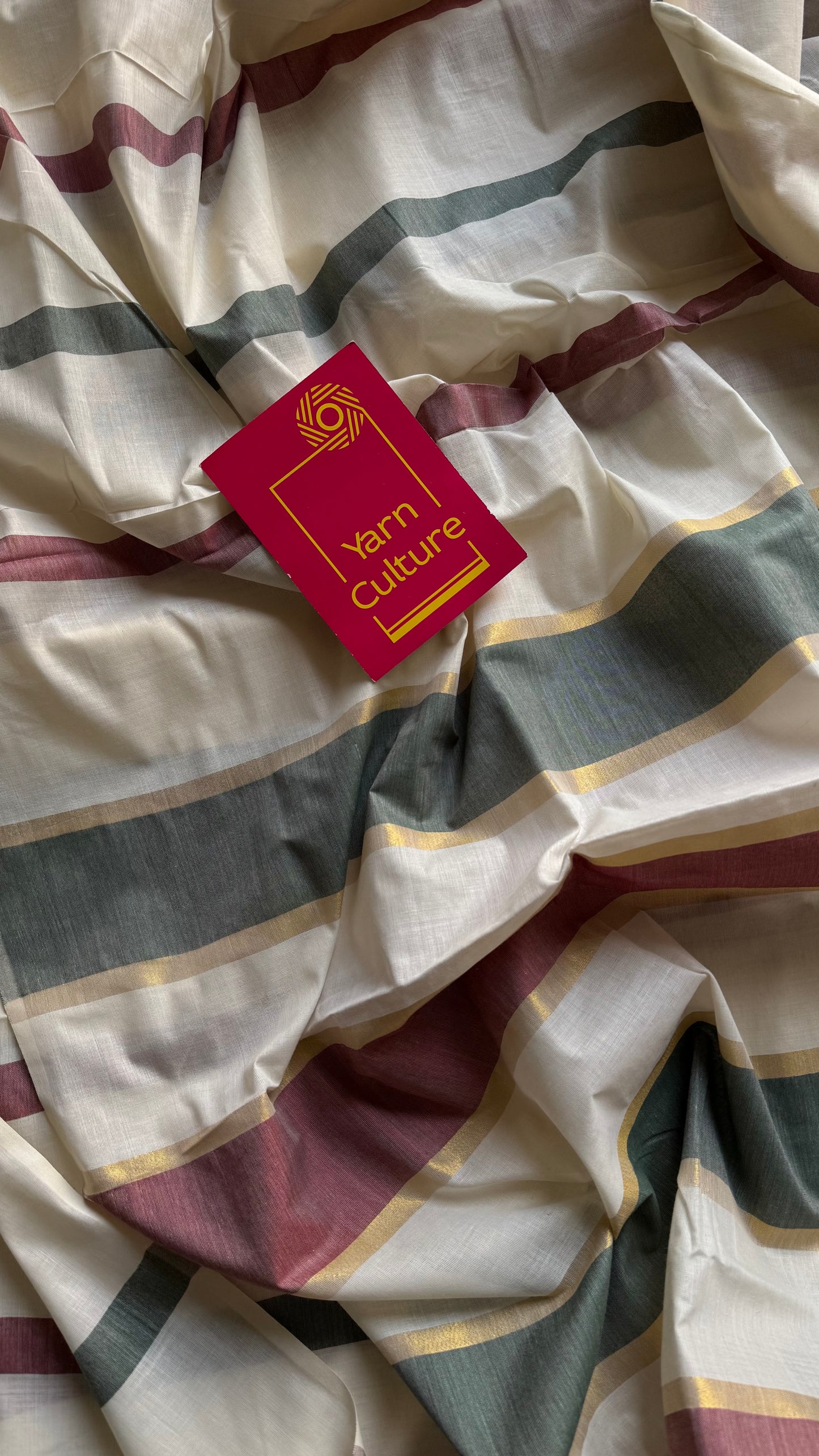 Ivory Kerala cotton saree with maroon and green stripes - YCIEKCFE307