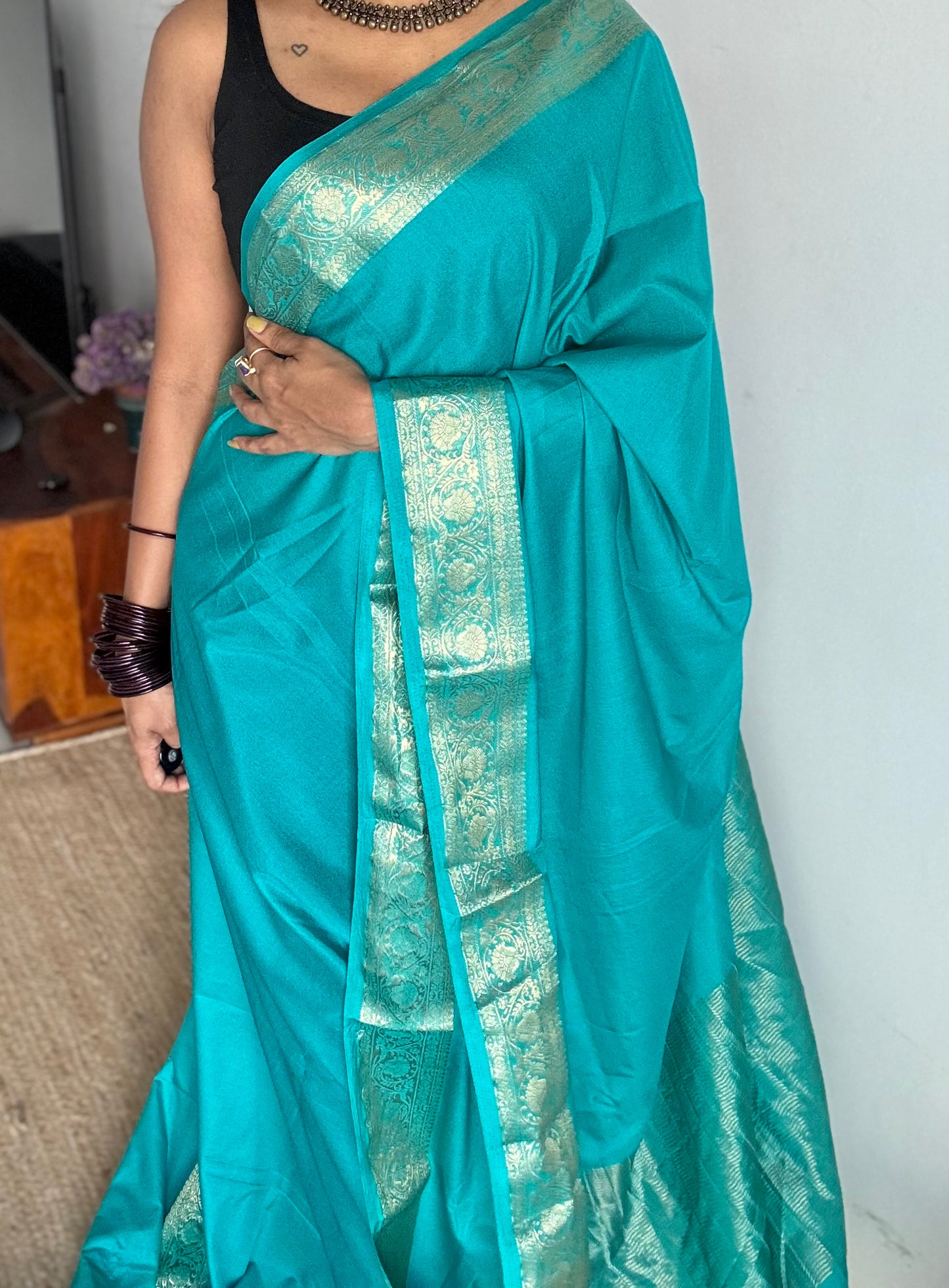 Turquoise Mysore semi crepe silk saree - YCLOKFE241