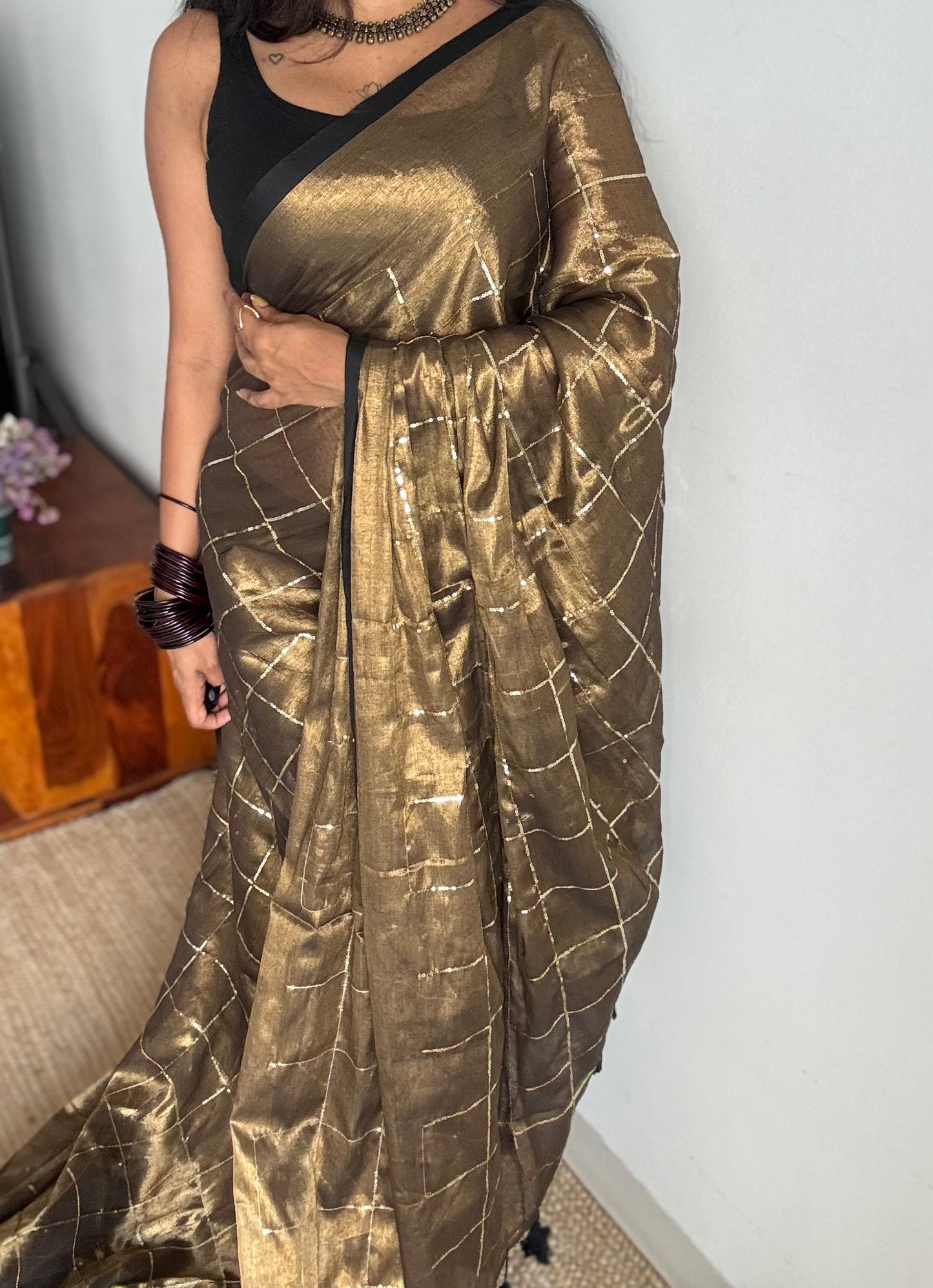 Bronze with black border, checkered sequins work, mul tissue - YCBCMCJA08