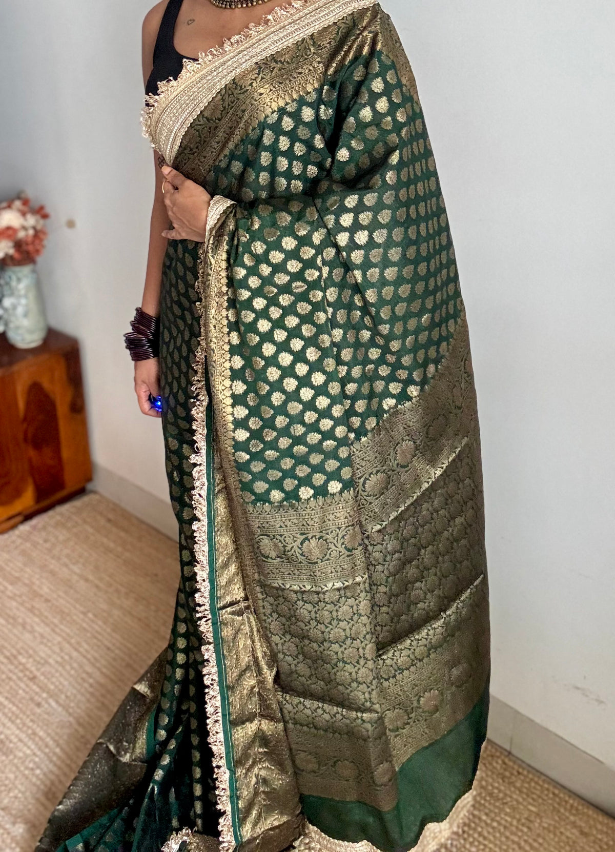 Dark green Banarasi semi-georgette saree with embellished lace border - YCBLTOC75