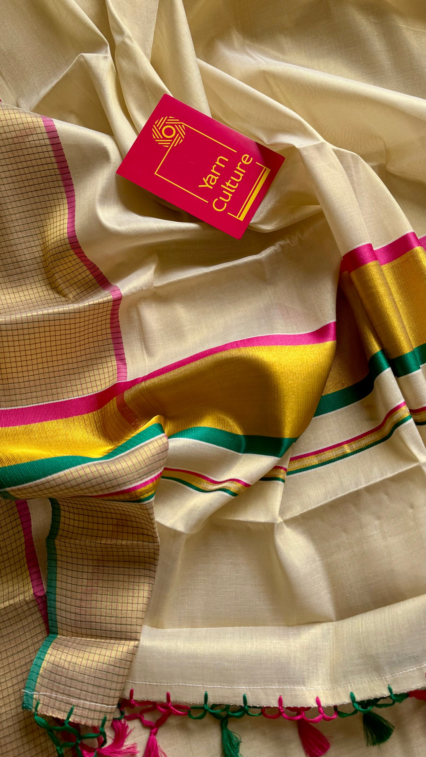 Ivory and gold soft tissue cotton saree, pink and green, checkered border - YCIEON77