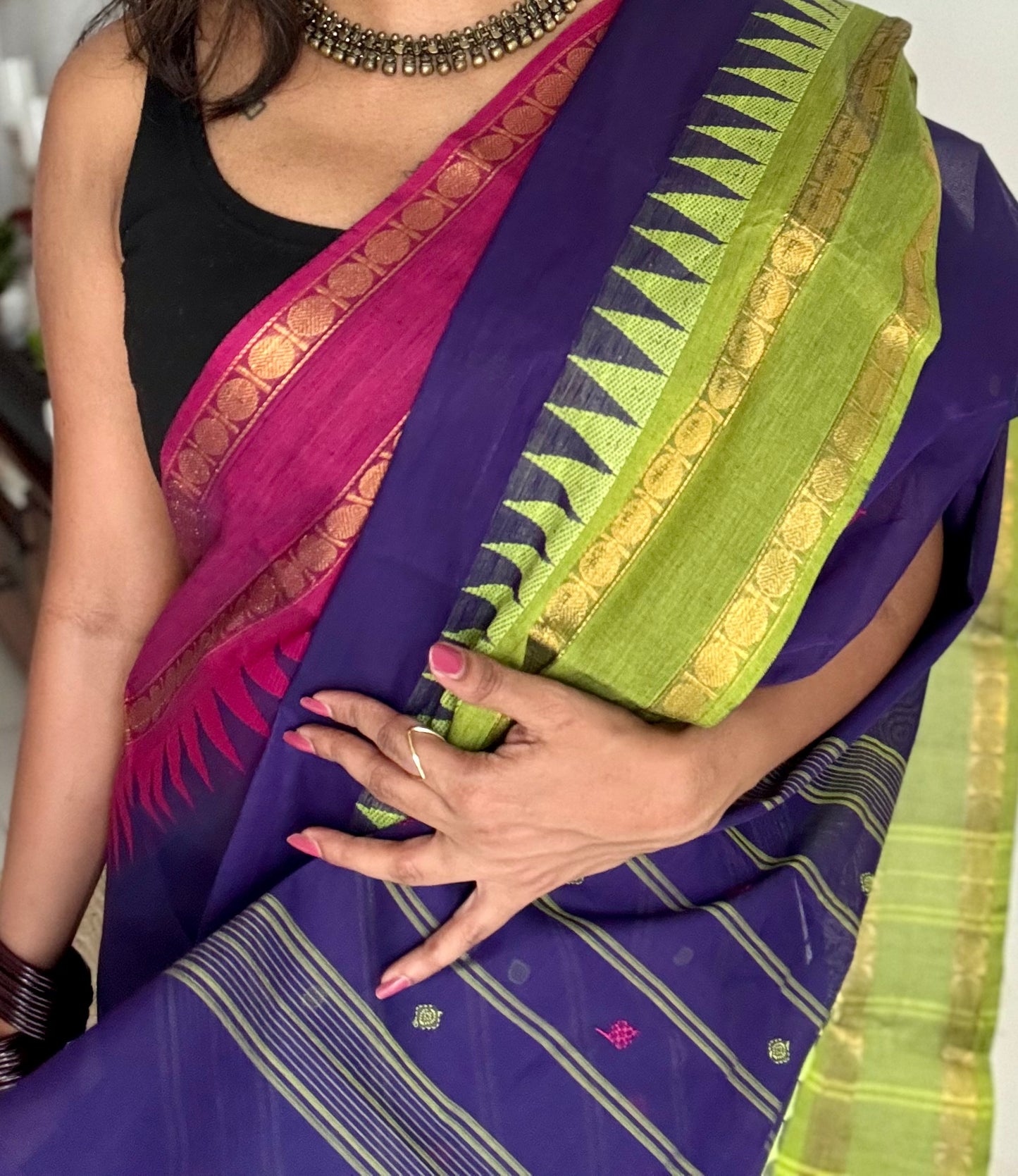 Kanchi cotton saree, royal blue with magenta and lime green dual border - YCCOTNAP97