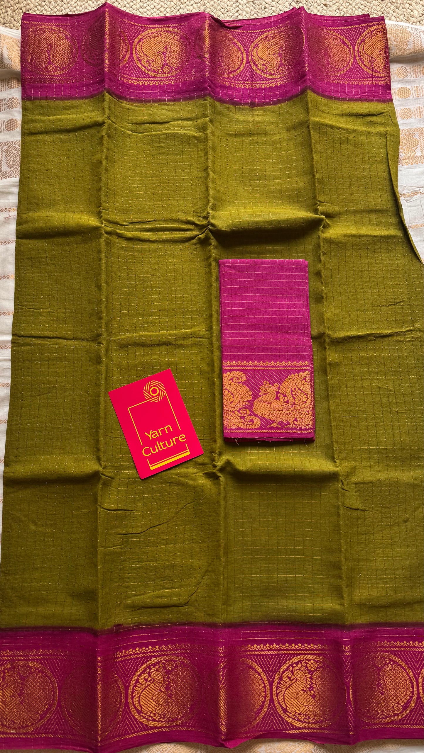 Olive green with magenta contrast zari checkered sungudi, kattuchayam dyed madurai cotton - YCCOTNJU25