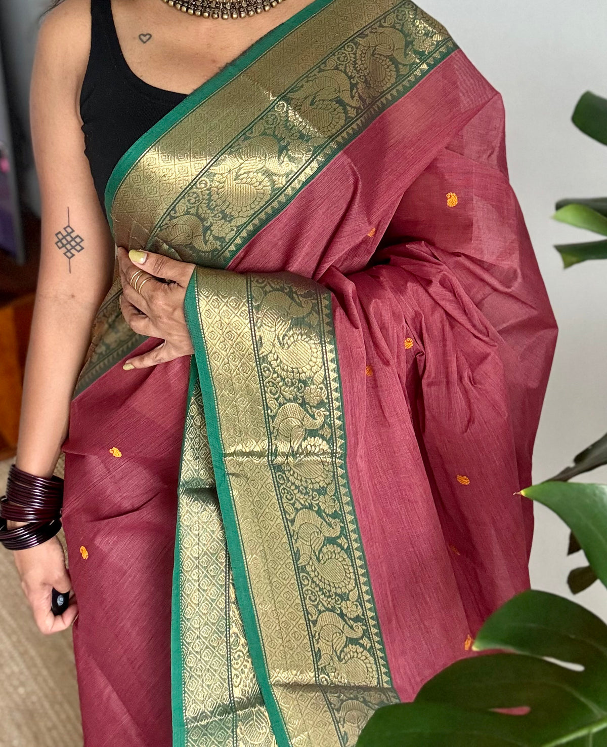 Terracotta red with green zari border kanchi cotton saree - YCCOTNCKSE18