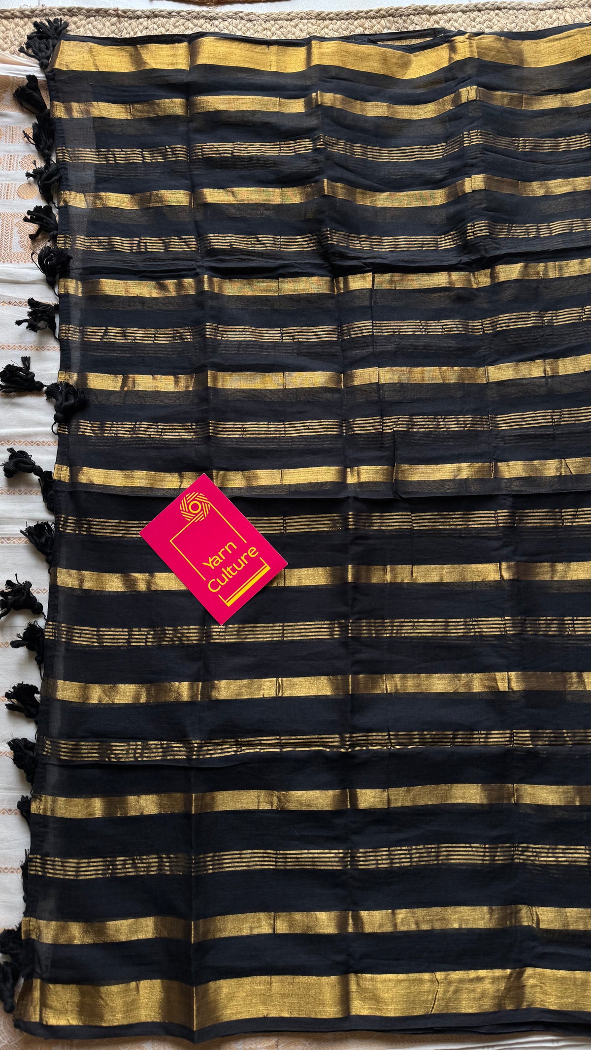 Black mul cotton saree with zari stripes - YCBCMCSE26