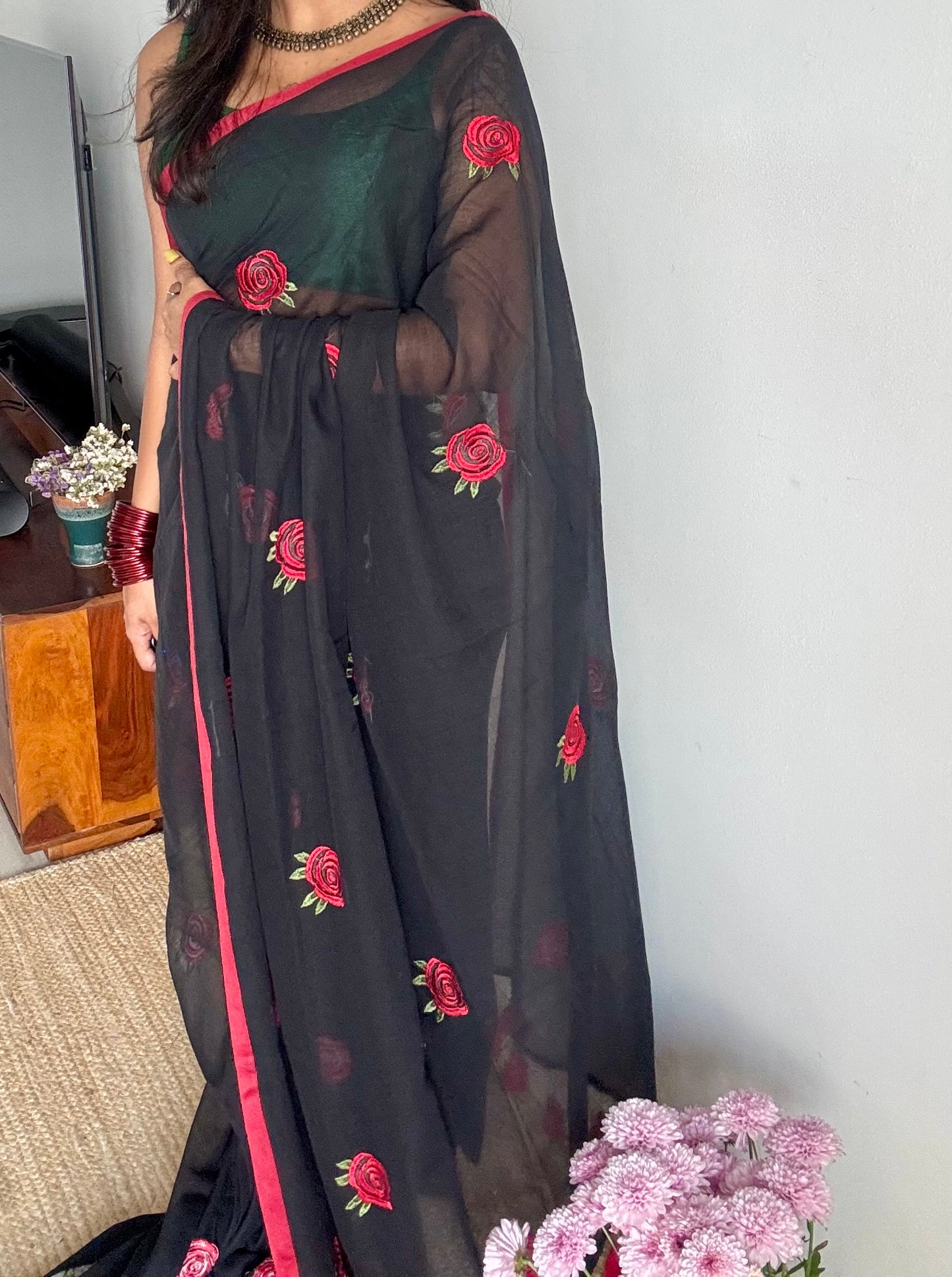 Black mul with red rose thread embroidery - YCBCMCNO69