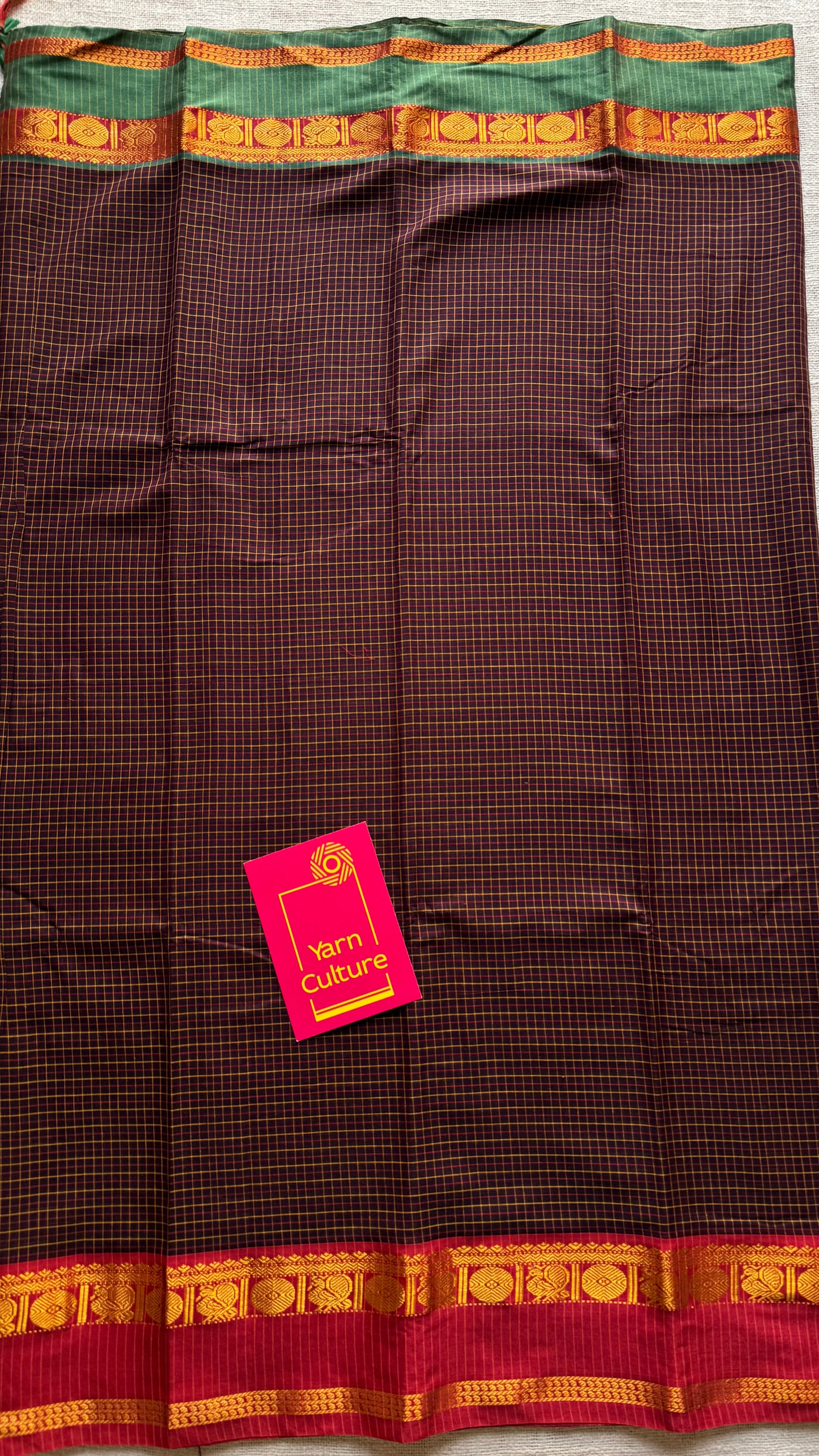 Brown checks with green and red ganga jamuna borders, premium narayanpet soft cotton - YCWOTDNPJA155