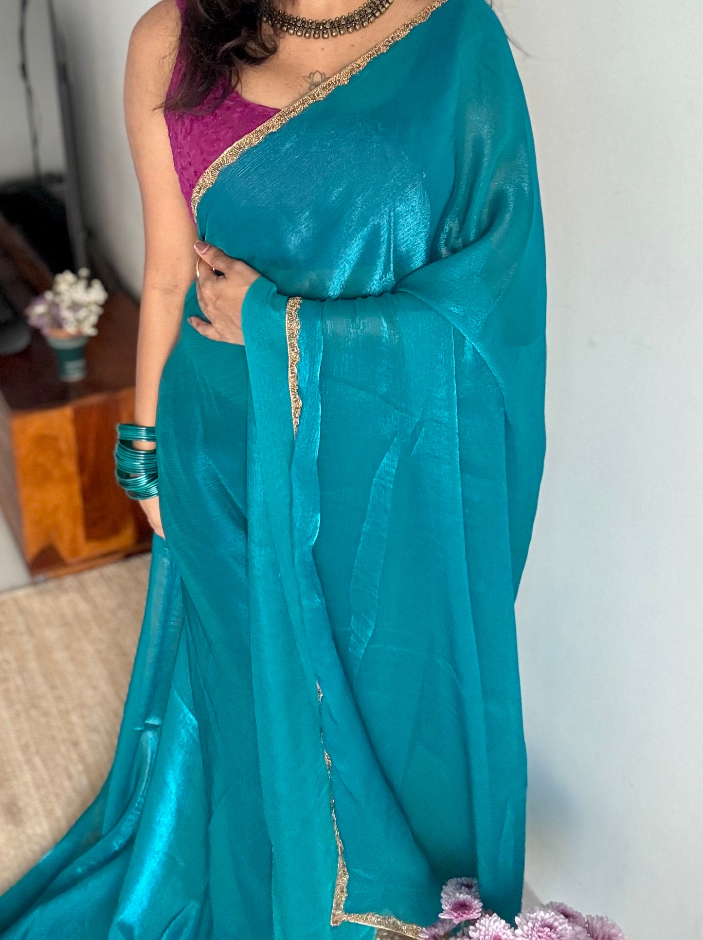 Bluetiful Chaos - bluish green, metallic dual tone space silk, embellished border - YCDOSNO44