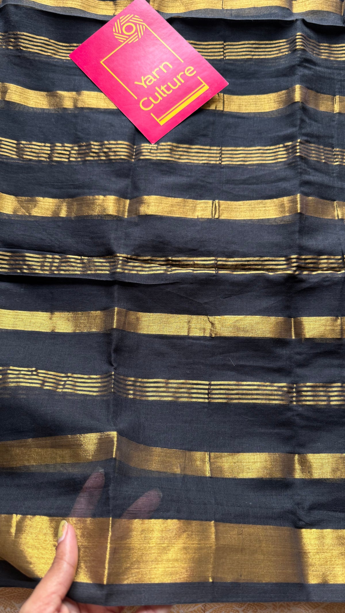 Black mul cotton saree with zari stripes - YCBCMCSE26