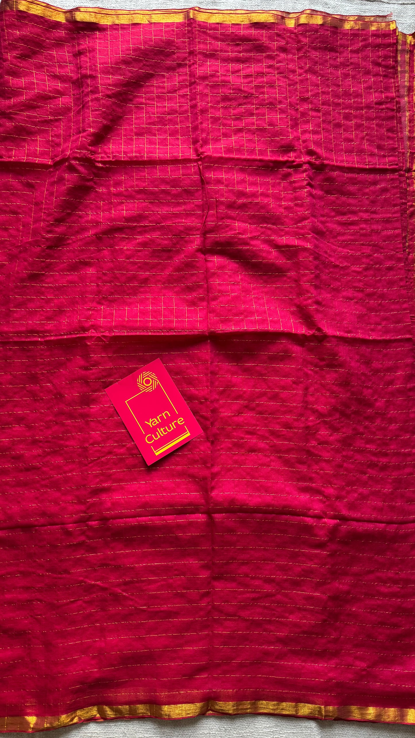 Hot pink mul with gold checks and zari border - YCBCMCJA05