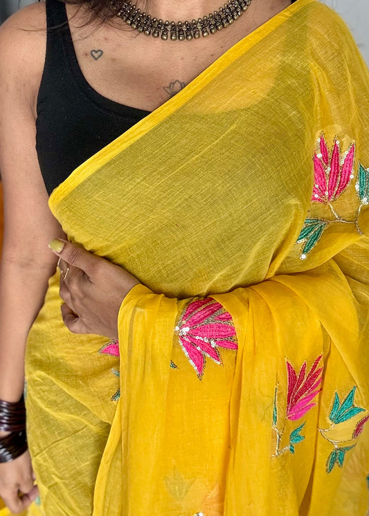 Yellow mul with lotus sequin embroidery - YCBCMCDE16