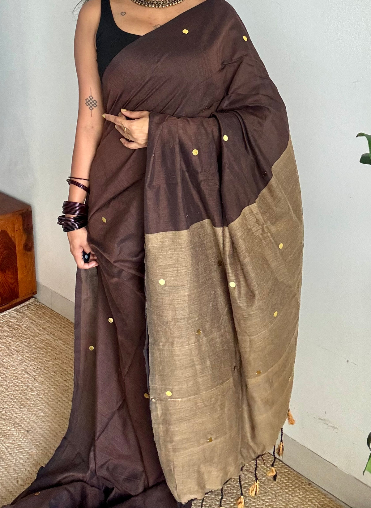 Brown with warm grey contrast pallu, gini sequins, soft cotton saree - YCBCSCOC09