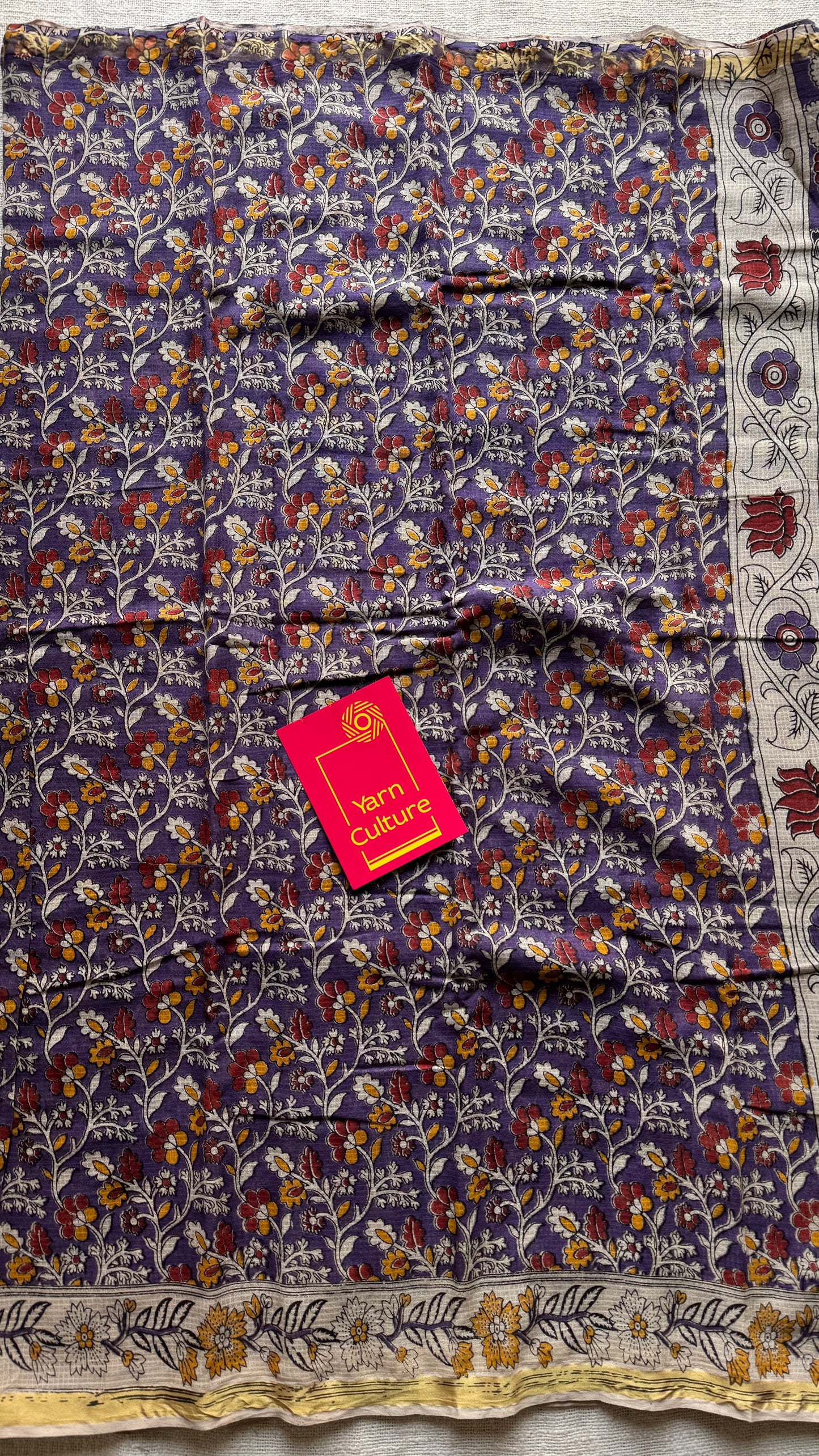 Purple cream red kalamkari saree in kota, with zari border - YCWOTDKKFE18