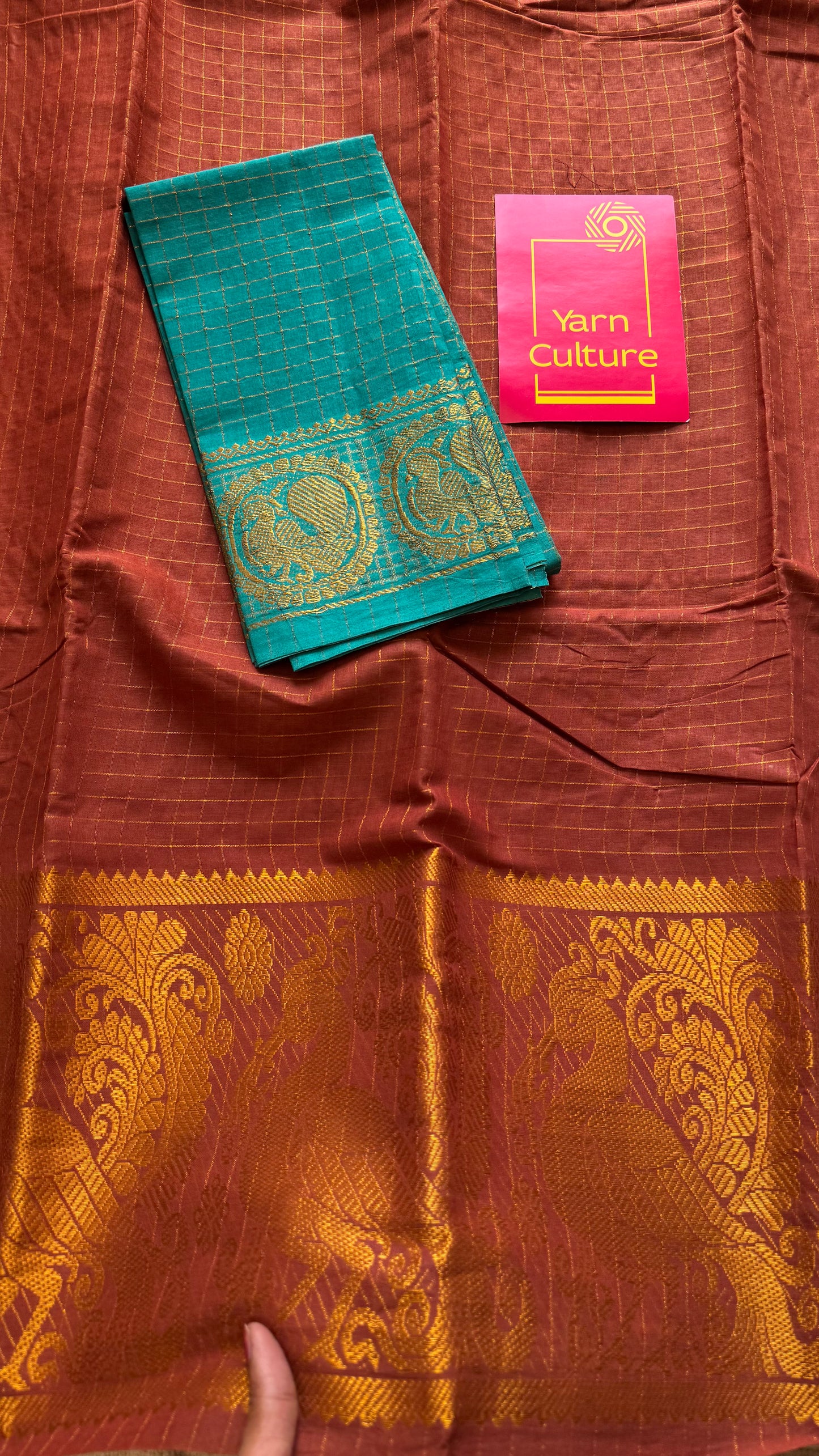 Brown with wide border, zari checkered sungudi, kattuchayam dyed madurai cotton - YCCOTNMSAP112