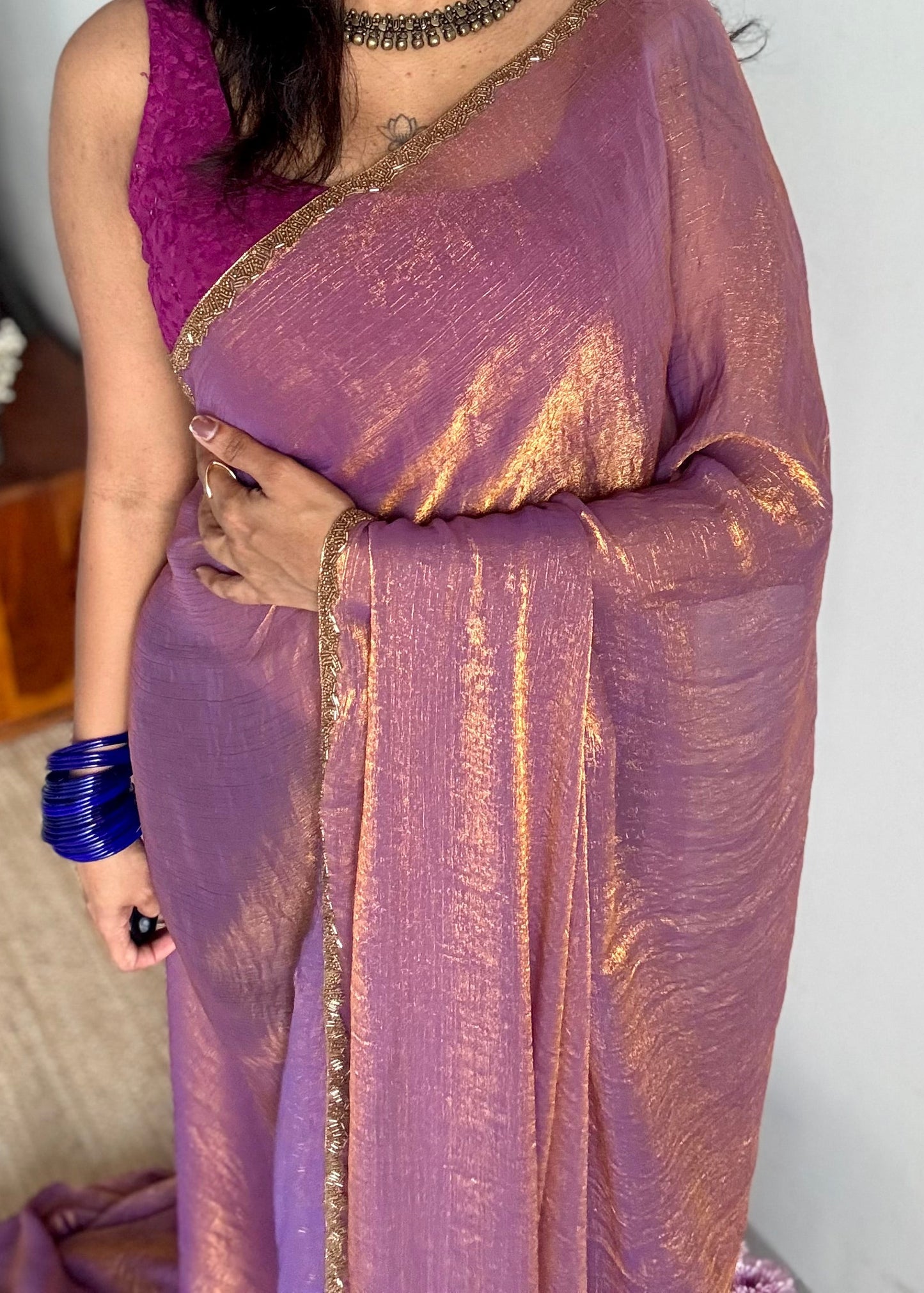 Purple Potion - purple pink and gold hues, metallic dual tone space silk, embellished border - YCDOSNO43