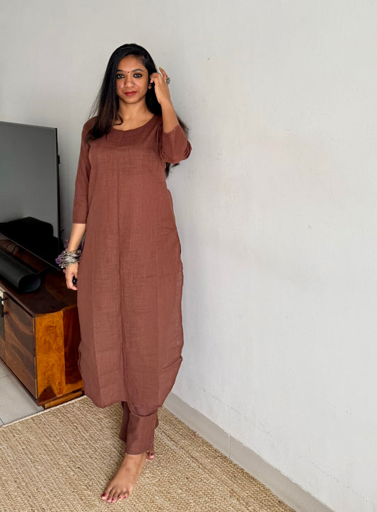 Brown cotton round-neck stitched kurta co-ord set, three-fourth sleeves - YCSEBPSFE251