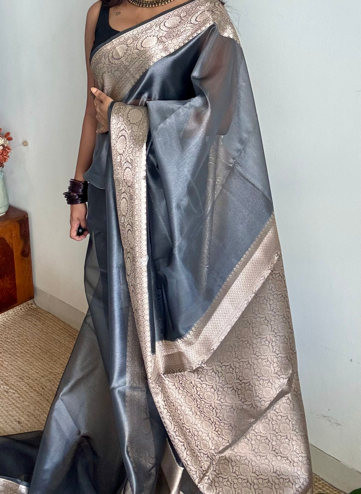 Grey tissue Banarasi saree with zari border - YCBLTOC91