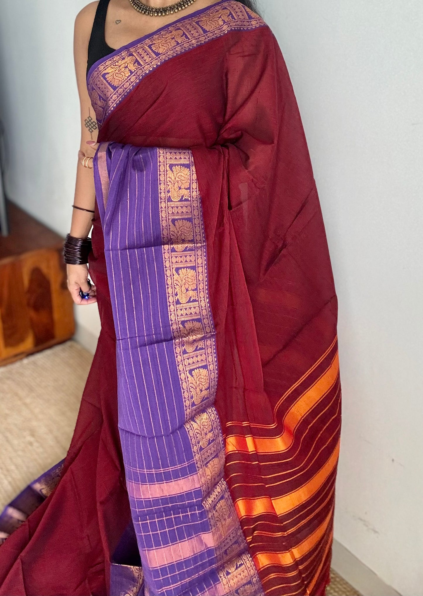 Maroon with violet border, narayanpet soft cotton saree - YCWOTDAUG10