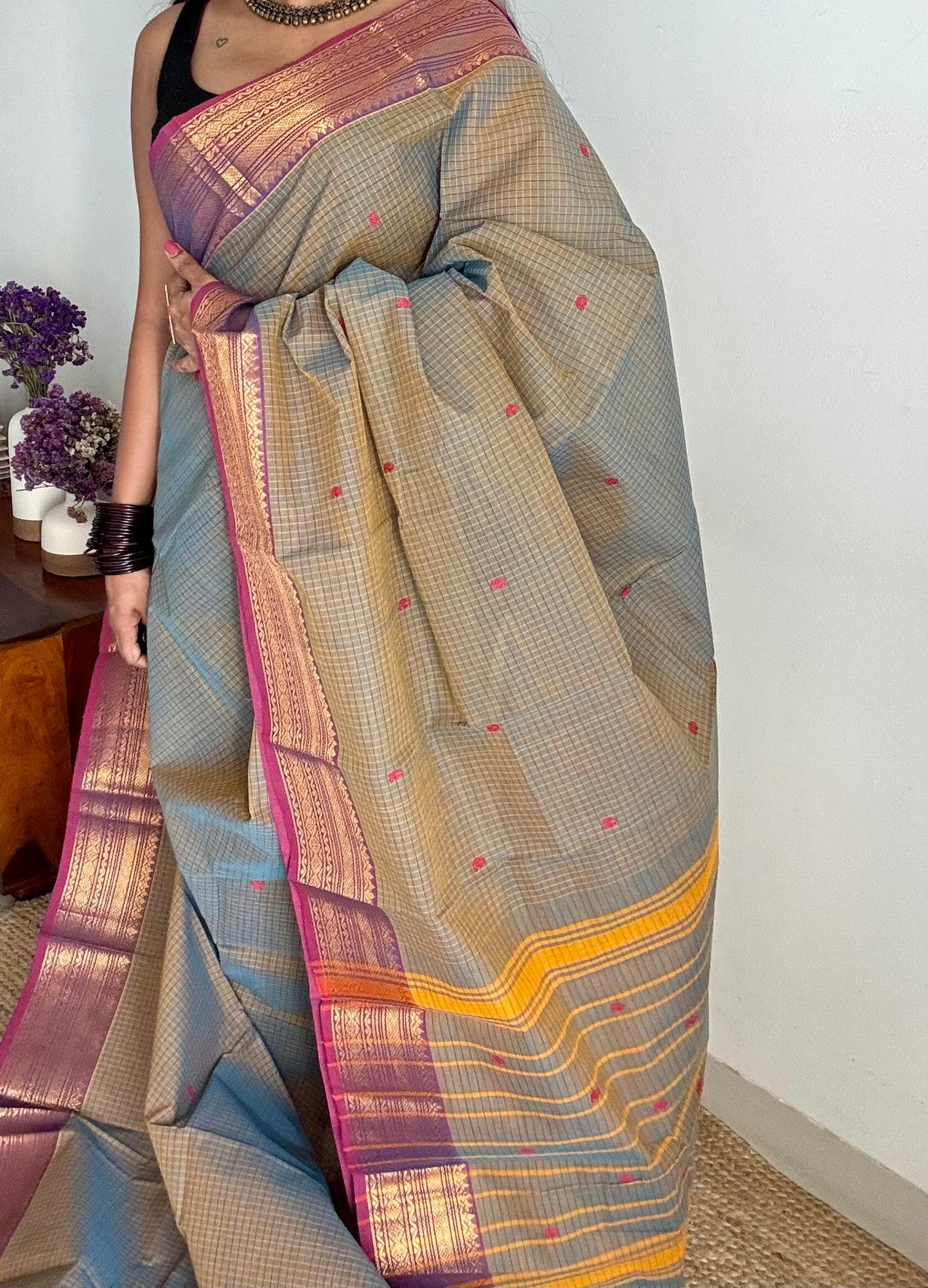 Grey and magenta purple contrast, checkered Chettinad cotton saree - YCCOTNMA263