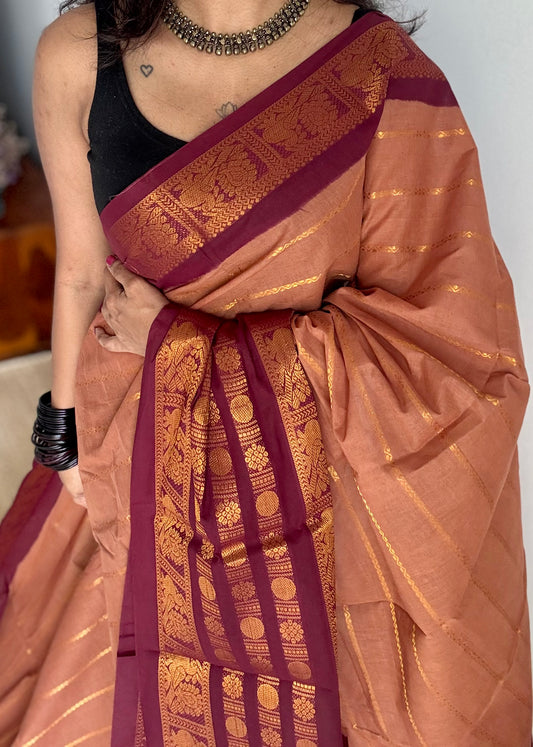 Light brown with maroon, peacock rudraksham motif, single side broad zari - madurai kattuchayam dyed - YCCOTNAUS33