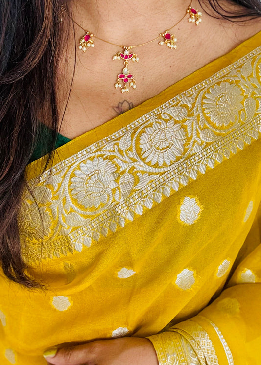 Invisible neckchain with jadau kundan stones & pearl hangings - ruby, white - YCGPNP691