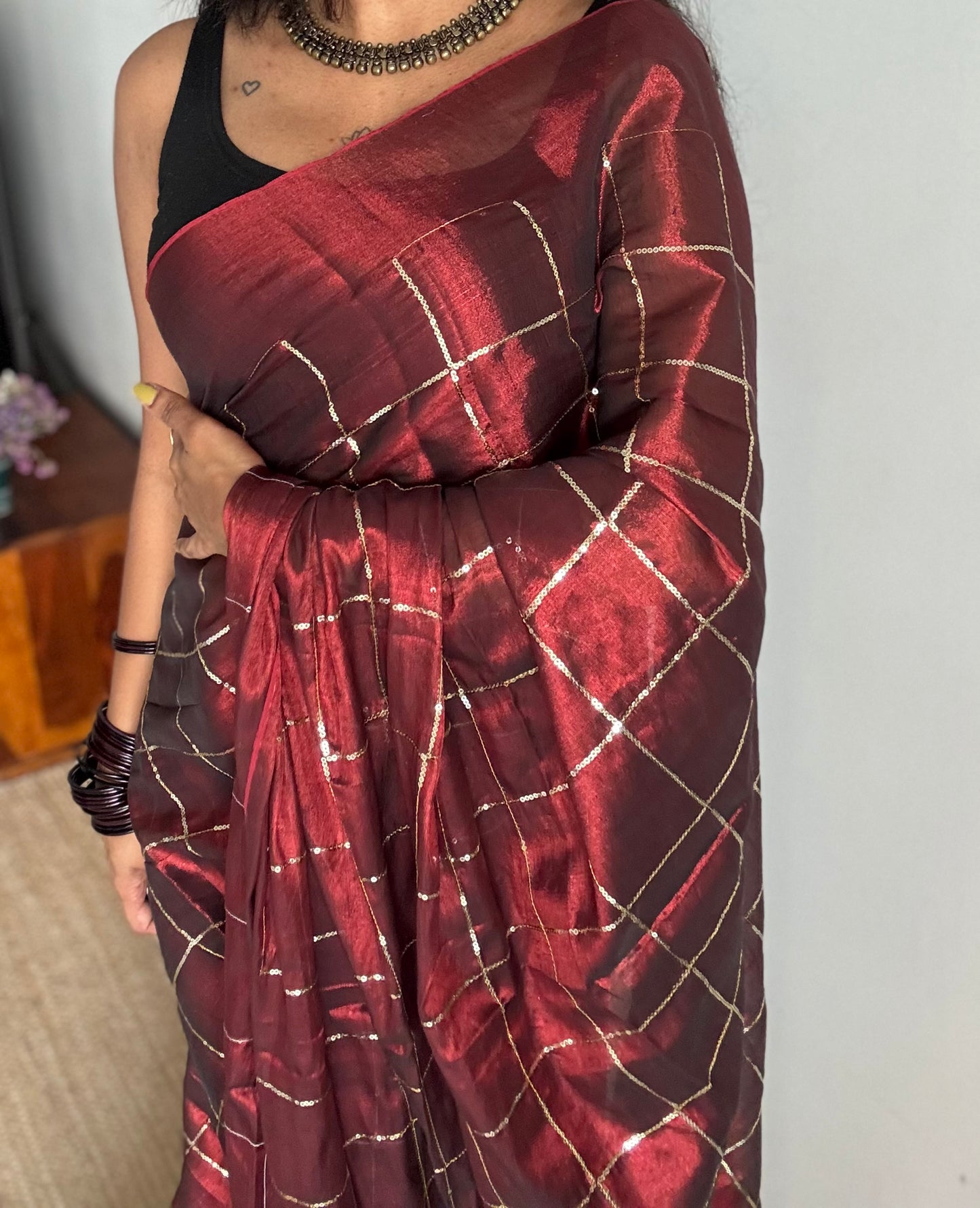 Maroon, checkered sequins work, mul tissue - YCBCMCJA10