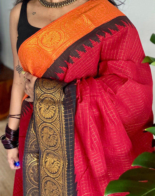 Sungudi cotton checks, red base, orange and black dual tone border, soft cotton - YCCOTNMSSE12