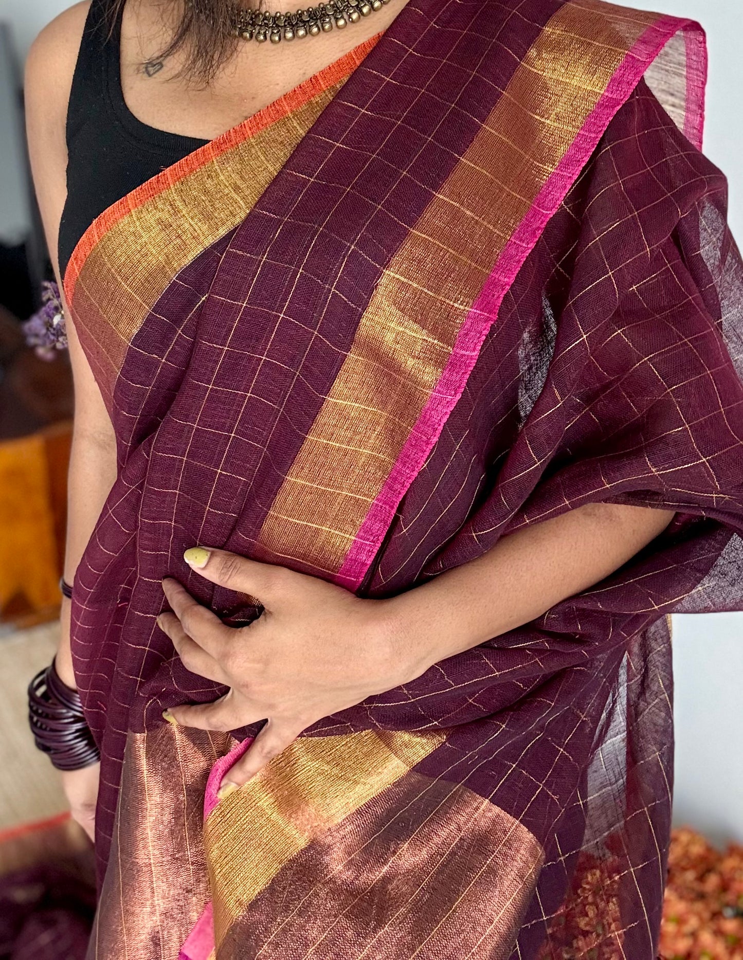 Brown linen by cotton saree, gold checks & copper zari pallu - YCBCLCFE394