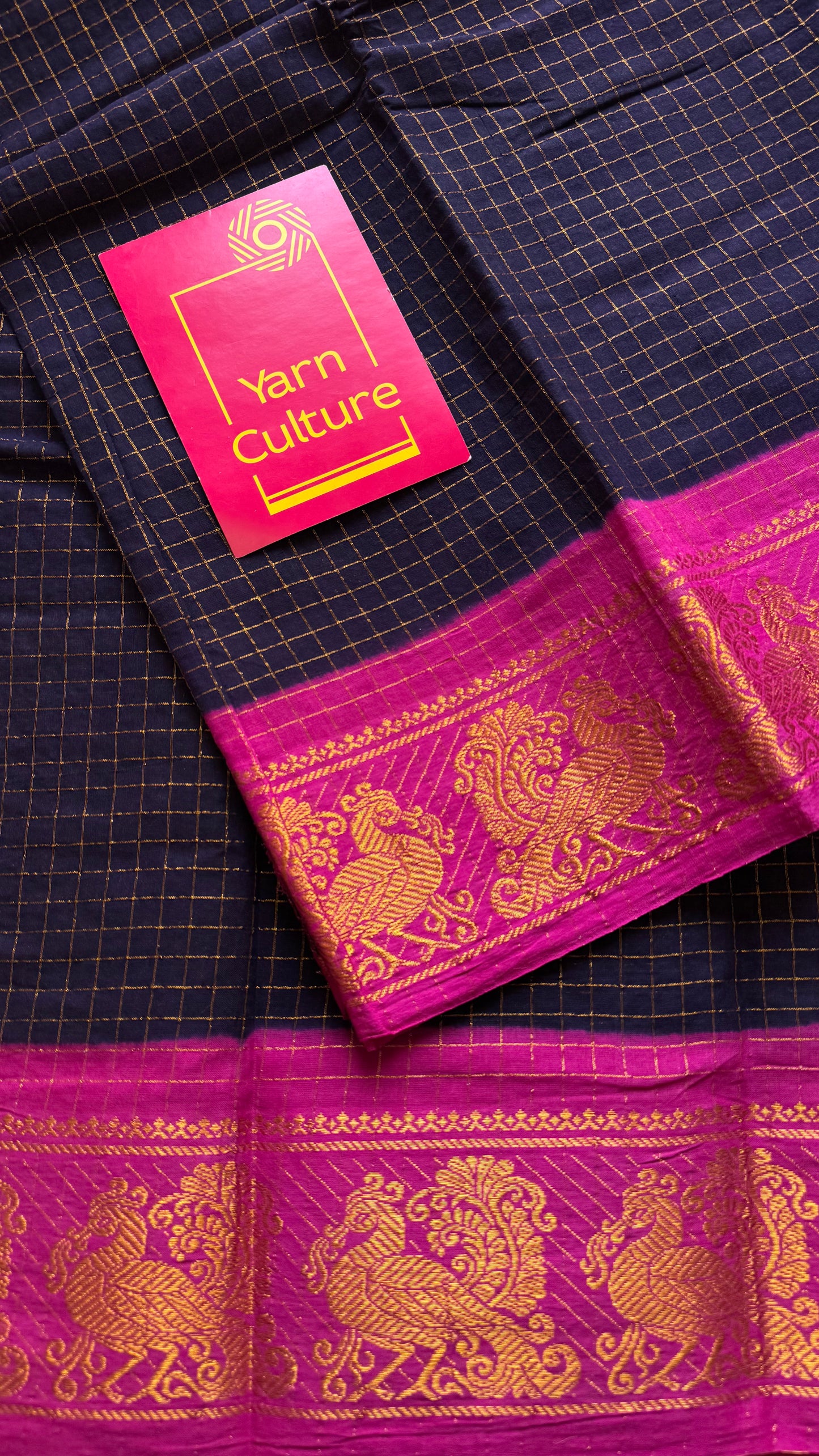 Dark blue with hot pink contrast zari checkered sungudi, kattuchayam dyed madurai cotton - YCCOTNMSAP194