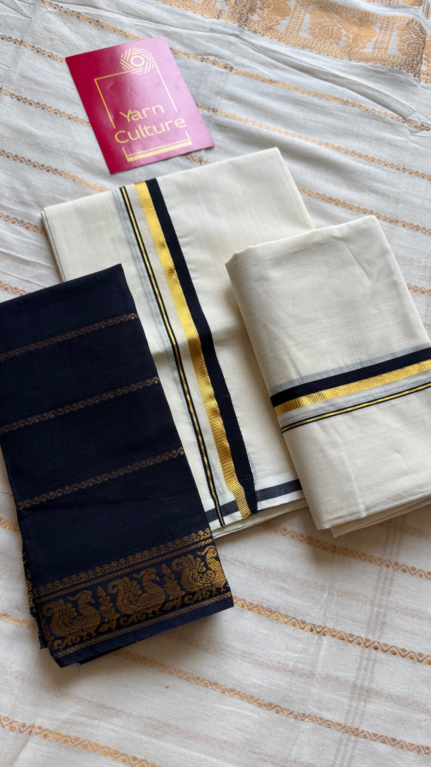 Set mund, handwoven from Chendamangalam looms, black and gold - YCIEON145