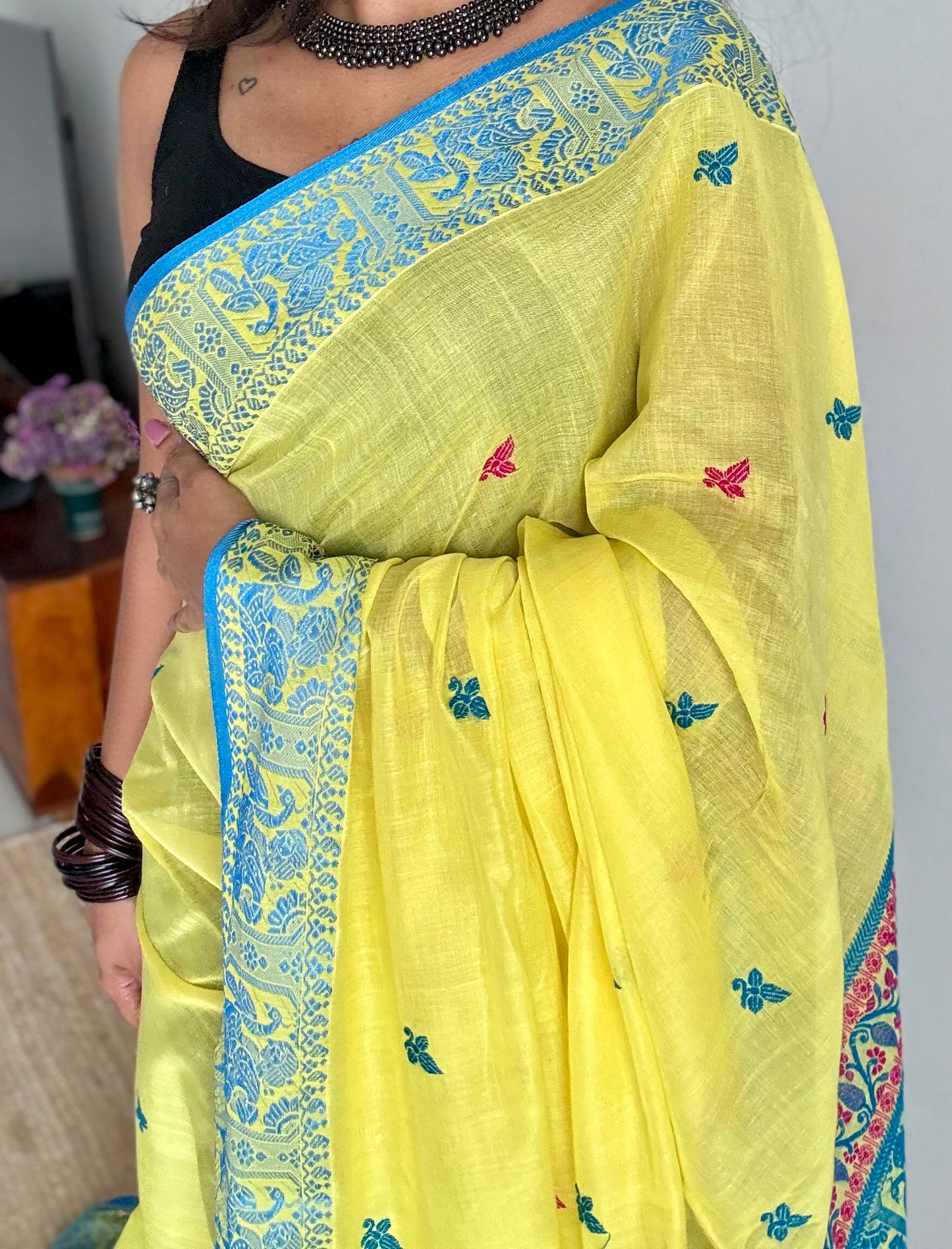 Yellow with blue, Baluchari-inspired soft cotton handwoven saree - YCHOTEBCJA226
