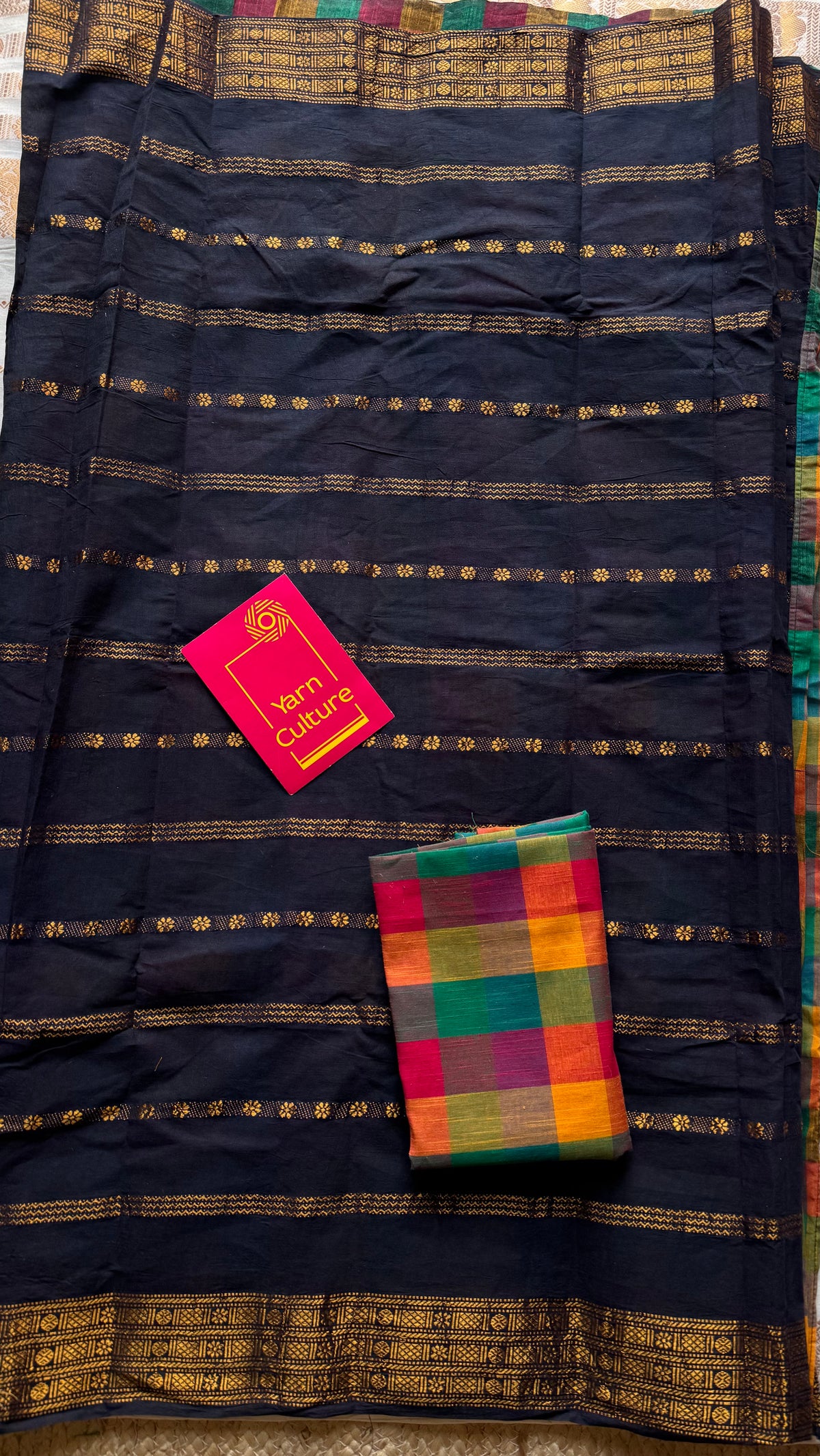 Black velthaari stripes with multicoloured madras checks, cotton half and half saree - YCCOTNIDOC167