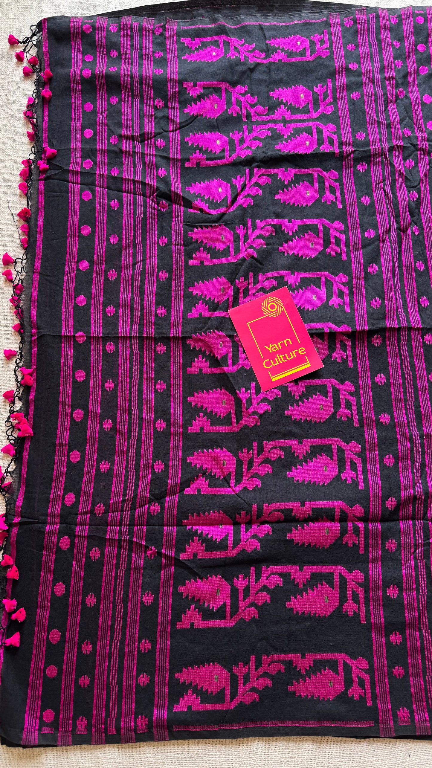 Black with magenta contrast jamdani saree in soft handloom cotton - YCBCJDFE380