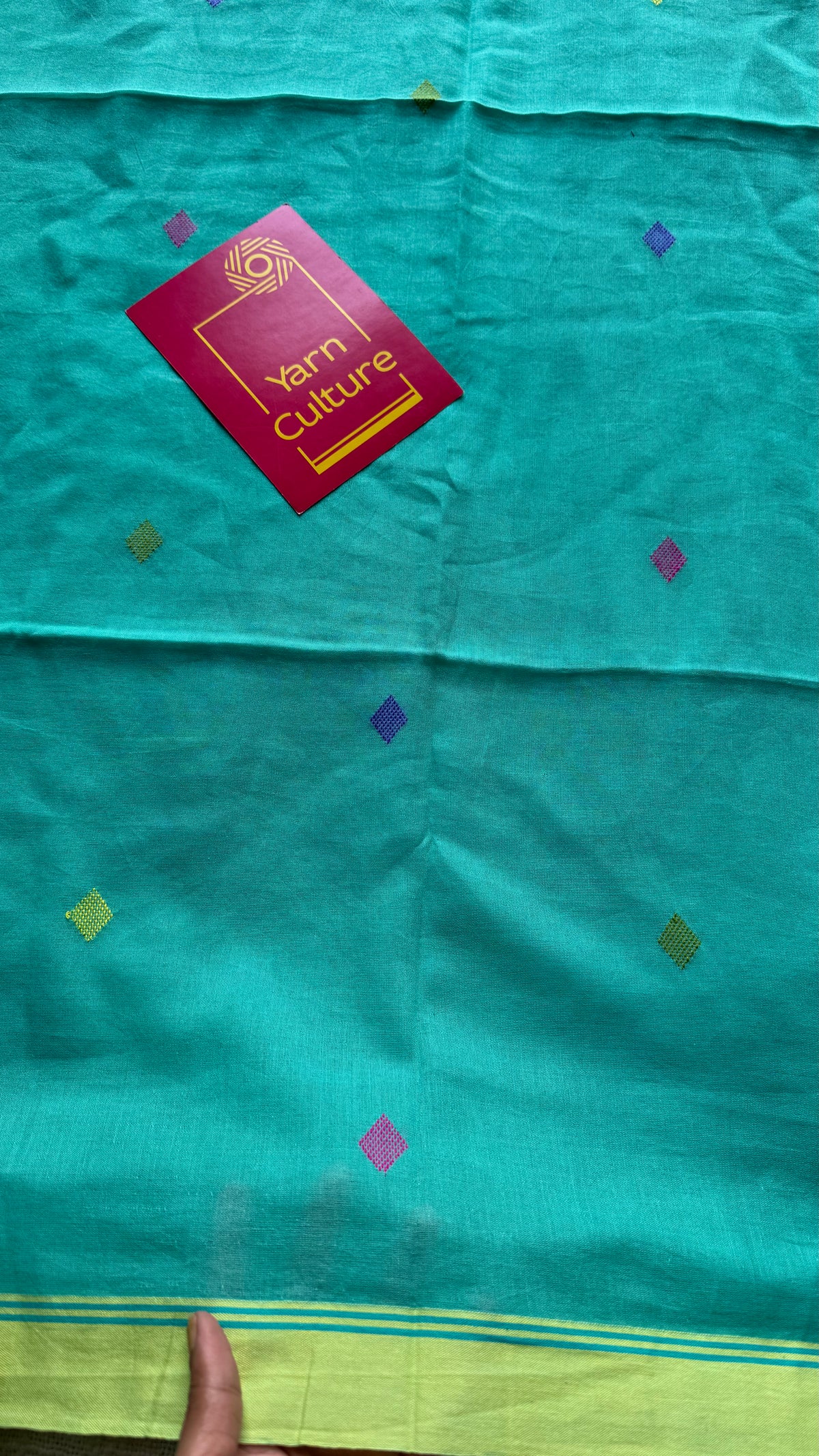 Handloom Bengal soft cotton saree, turquoise with woven buttas and lime green borders - YCBCMCSE38