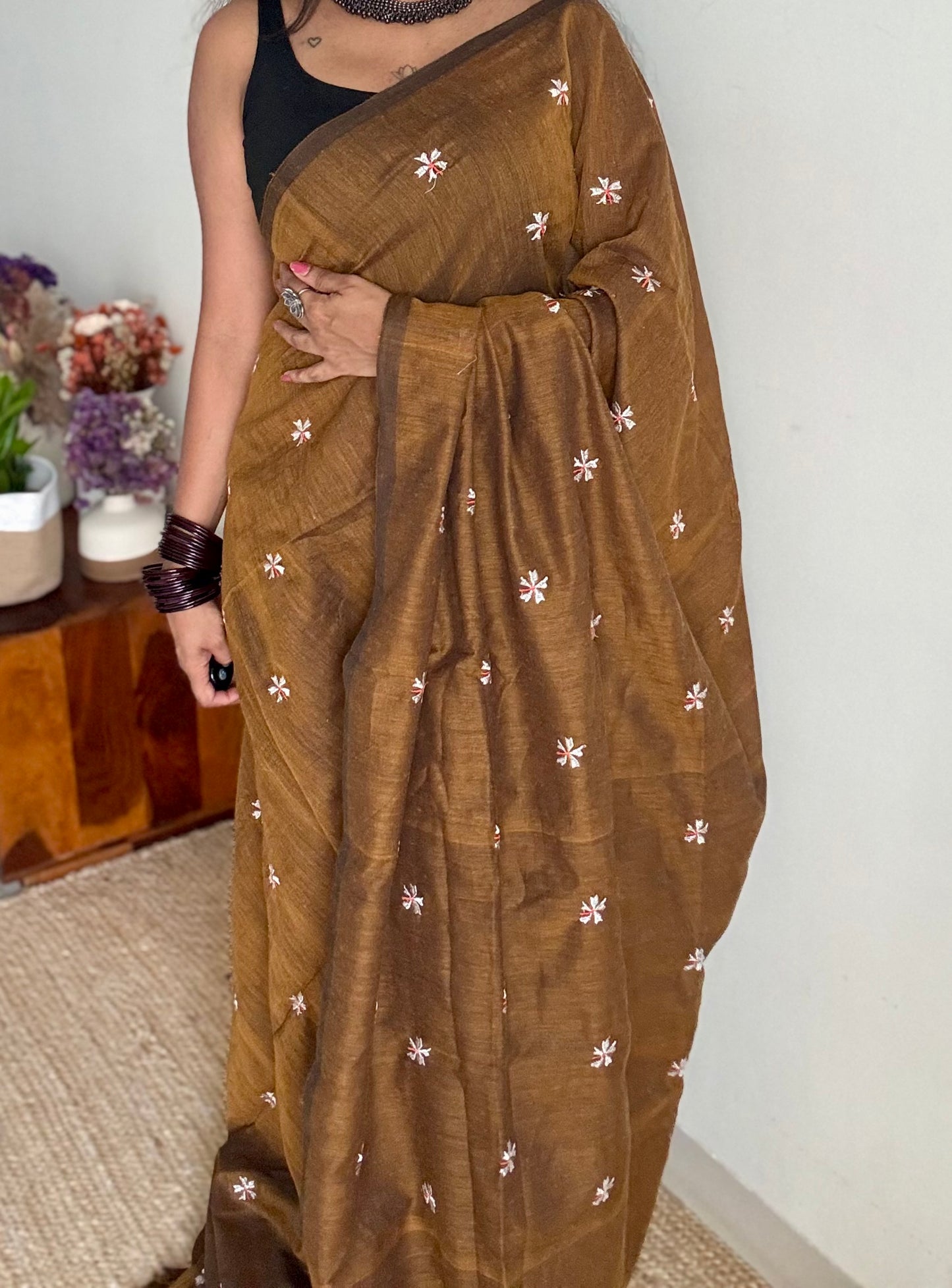 Mustard brown parijat soft cotton saree  - YCBCKCAP39