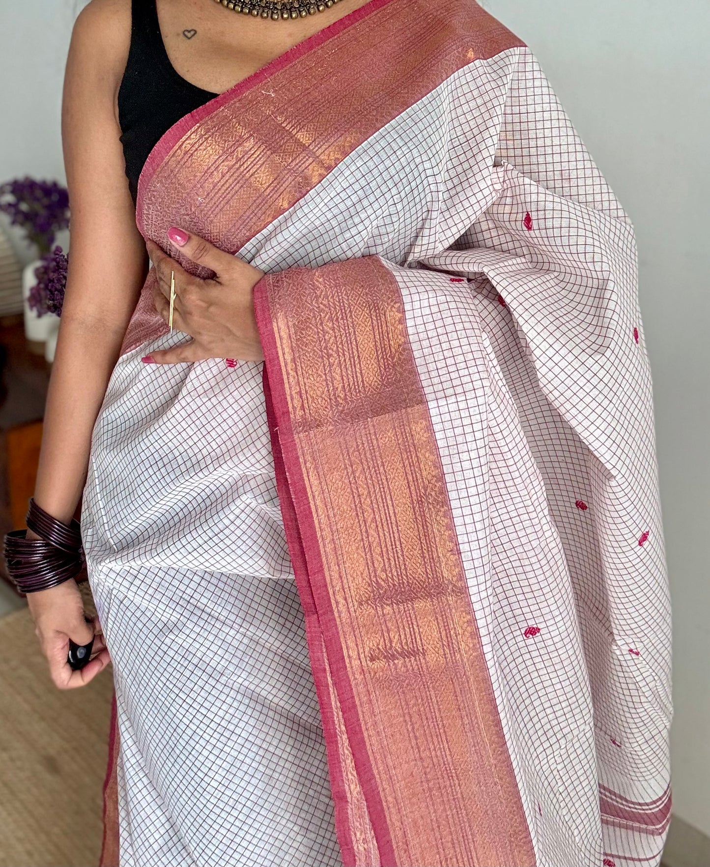 White and burnt red contrast, checkered Chettinad cotton saree - YCCOTNMA264
