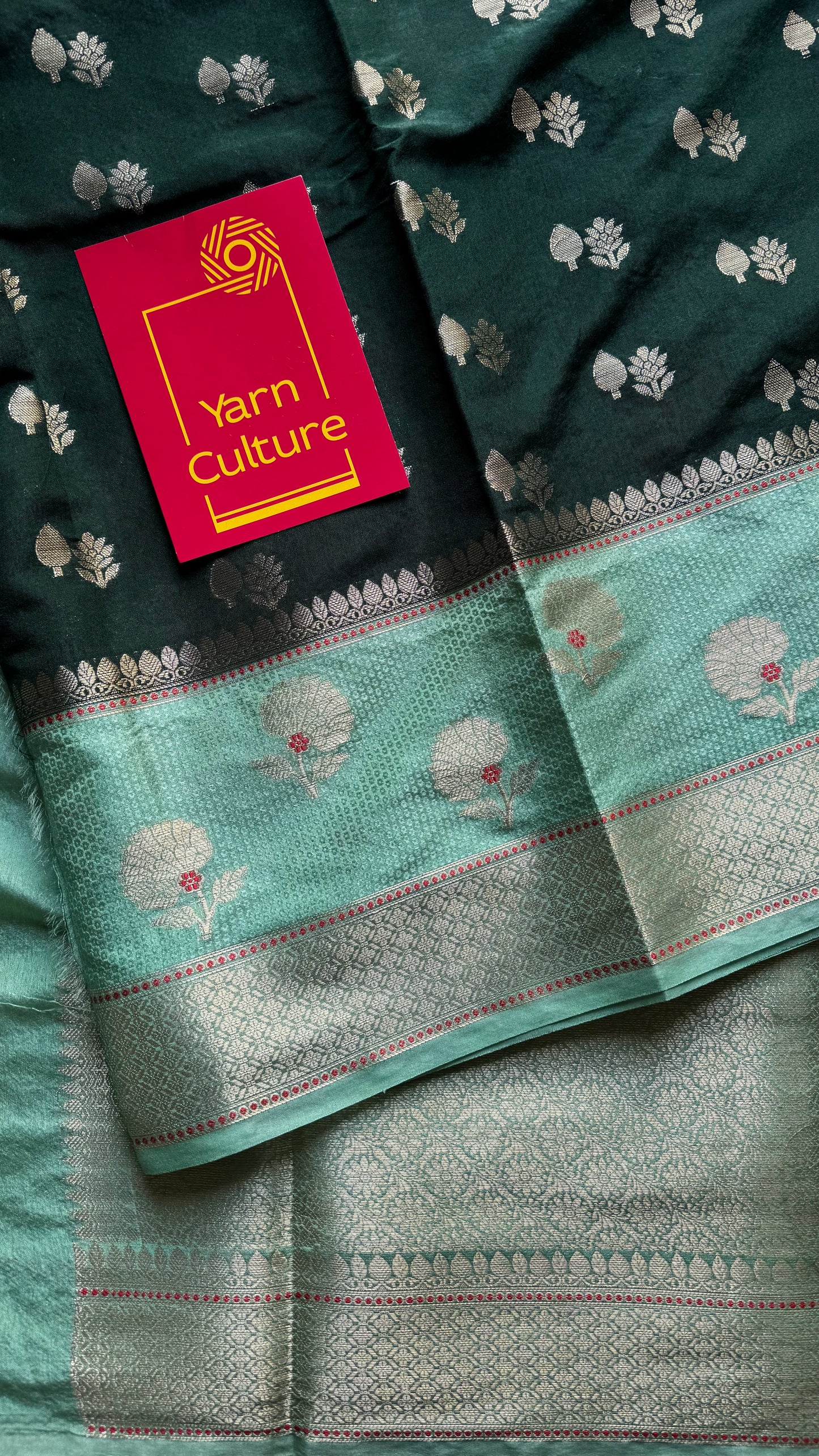 Dark green with pastel green border, semi dupion silk - YCBLSSJA25