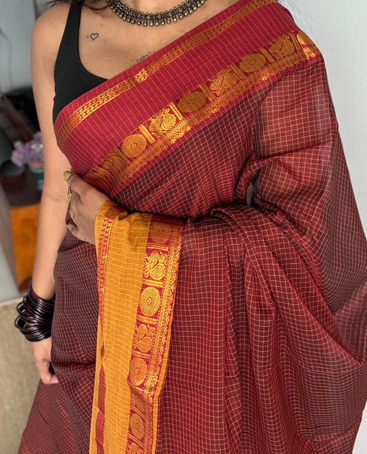Maroon checks with red and yellow ganga jamuna borders, premium narayanpet soft cotton - YCWOTDNPJA157