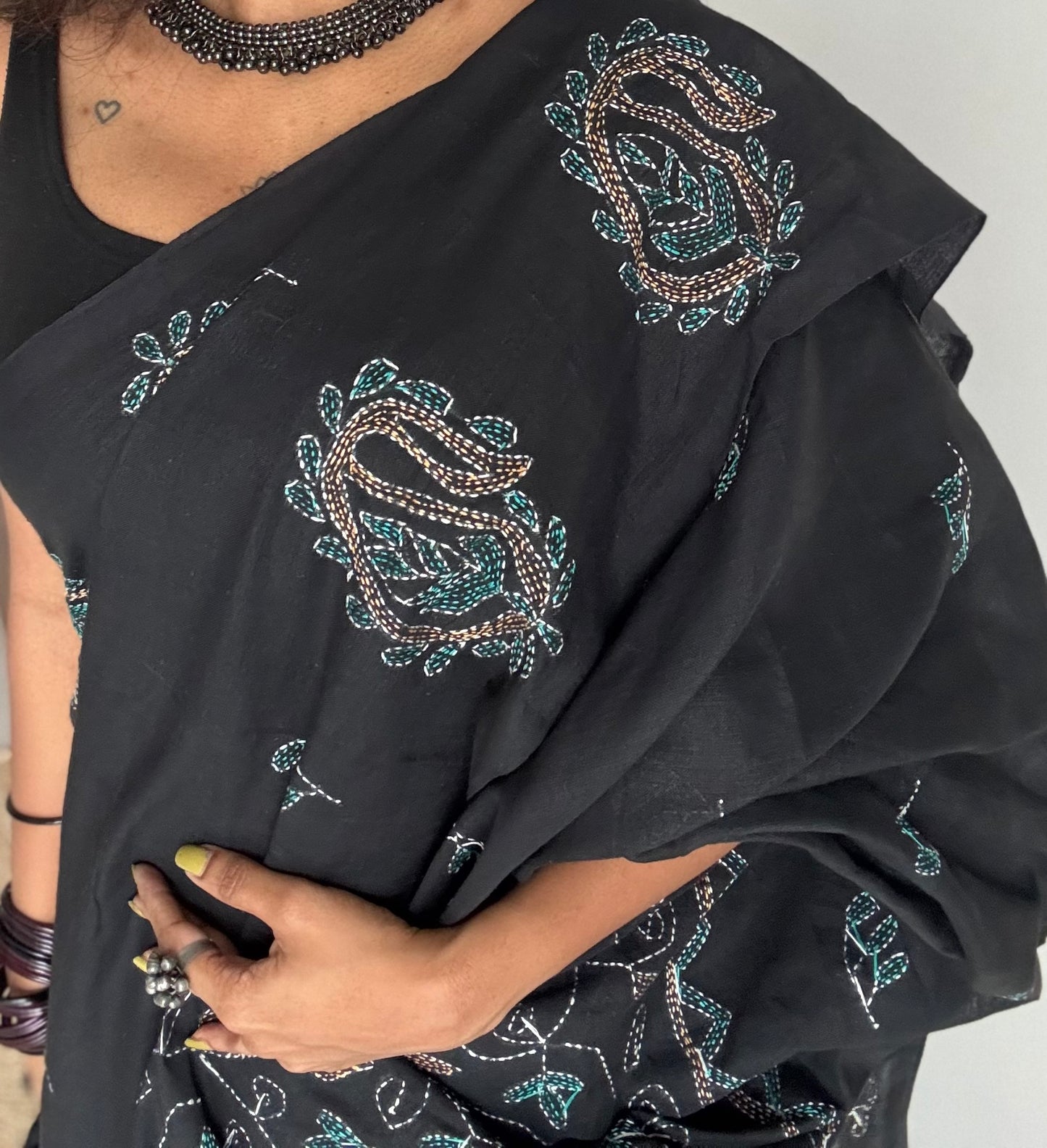 Embroidered black kantha weave in soft cotton - YCBCKKJA146