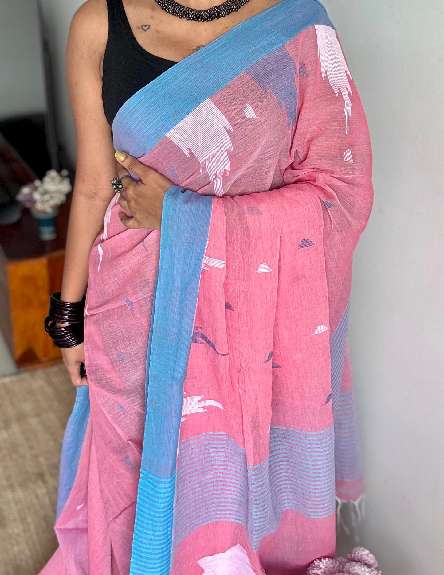 Peach pink with blue borders, temple motif woven threadwork, soft cotton - YCBCMKCDE31