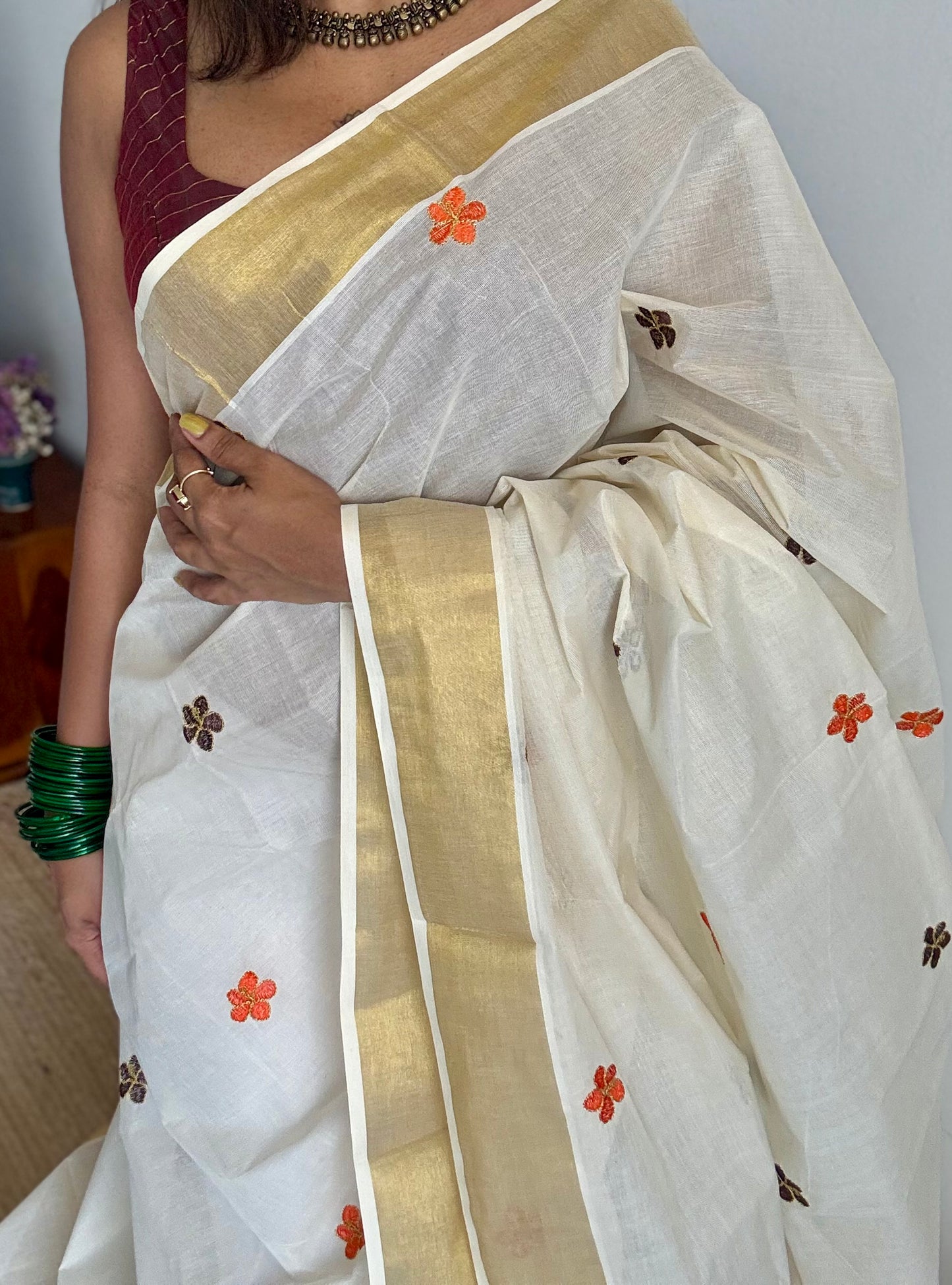 Ivory and gold saree with brown and orange floral embroidery - YCIEKCFE311