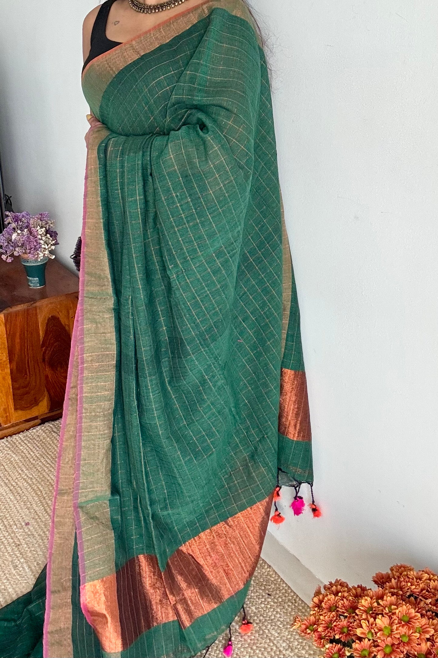 Green linen by cotton saree, gold checks & copper zari pallu - YCBCLCAP56