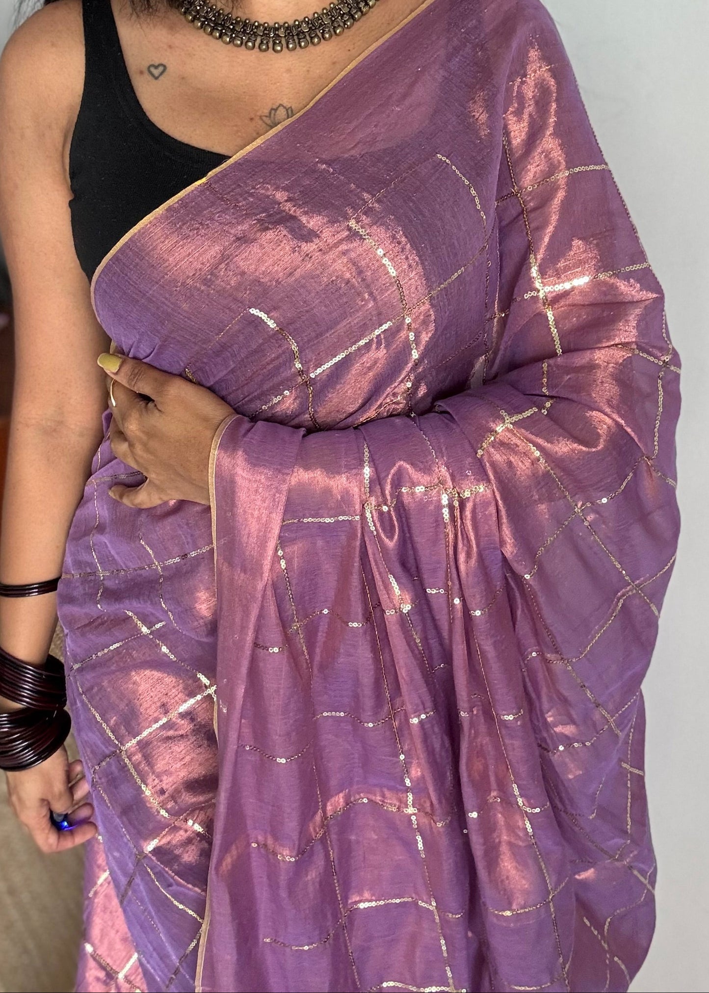 Lilac, checkered sequins work, mul tissue - YCBCMCJA11