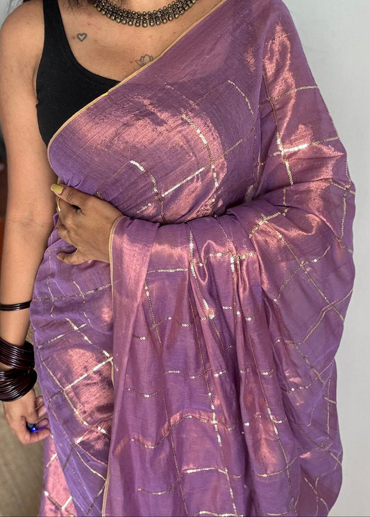 Lilac, checkered sequins work, mul tissue - YCBCMCJA11