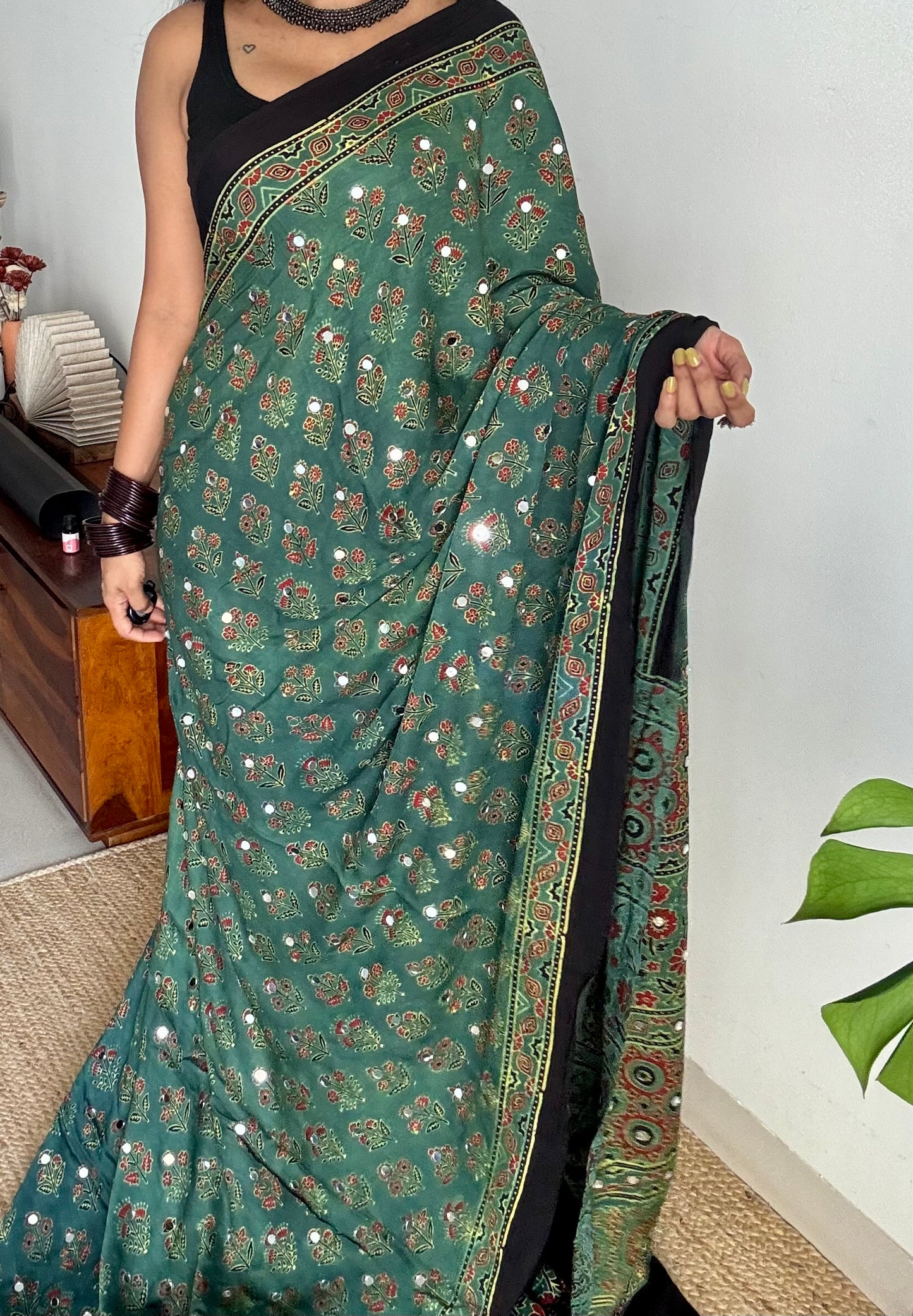 Jade green pure modal silk saree with ajrakh handblock print and mirror work - YCTOKAJM340