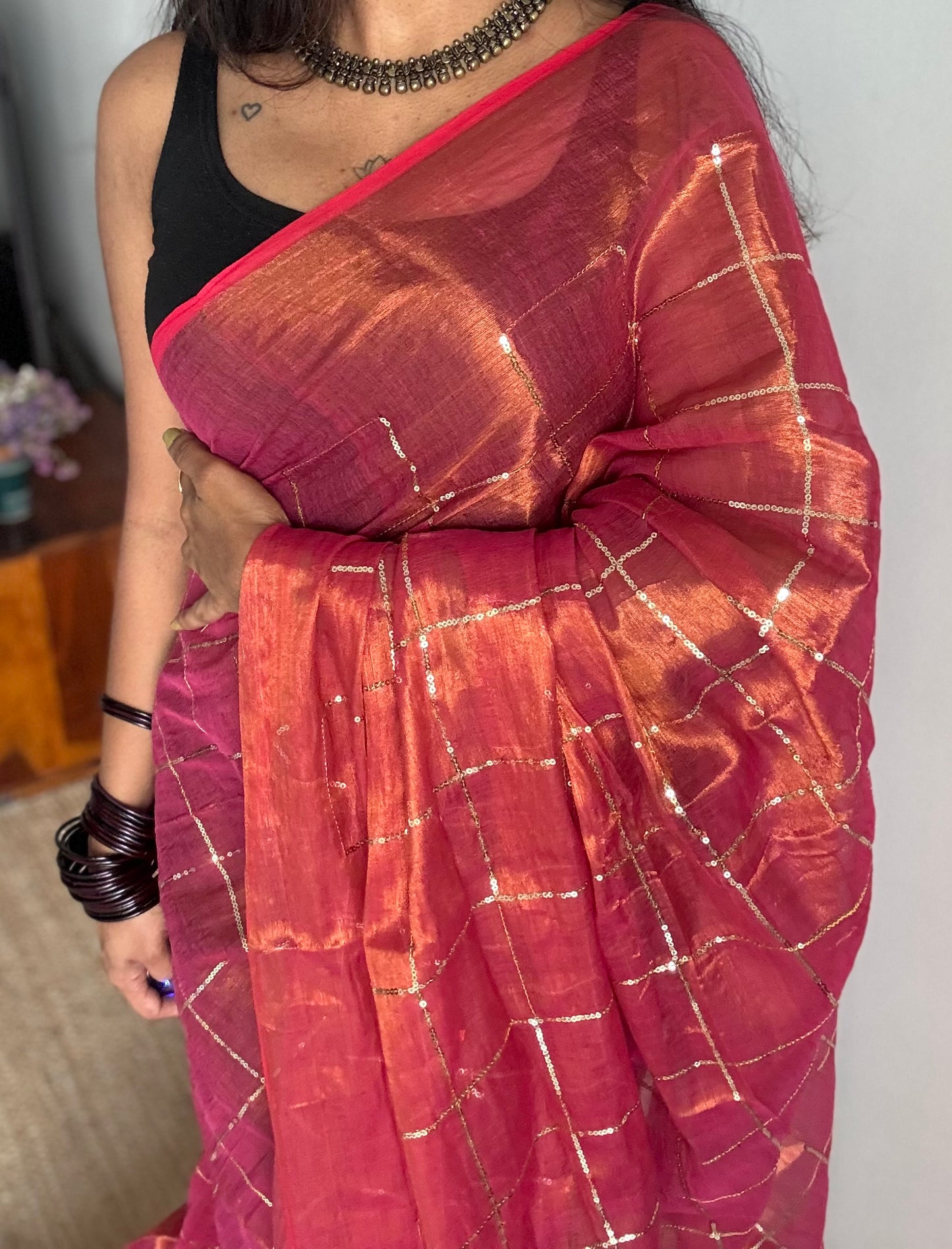 Rani pink, checkered sequins work, mul tissue - YCBCMCJA13